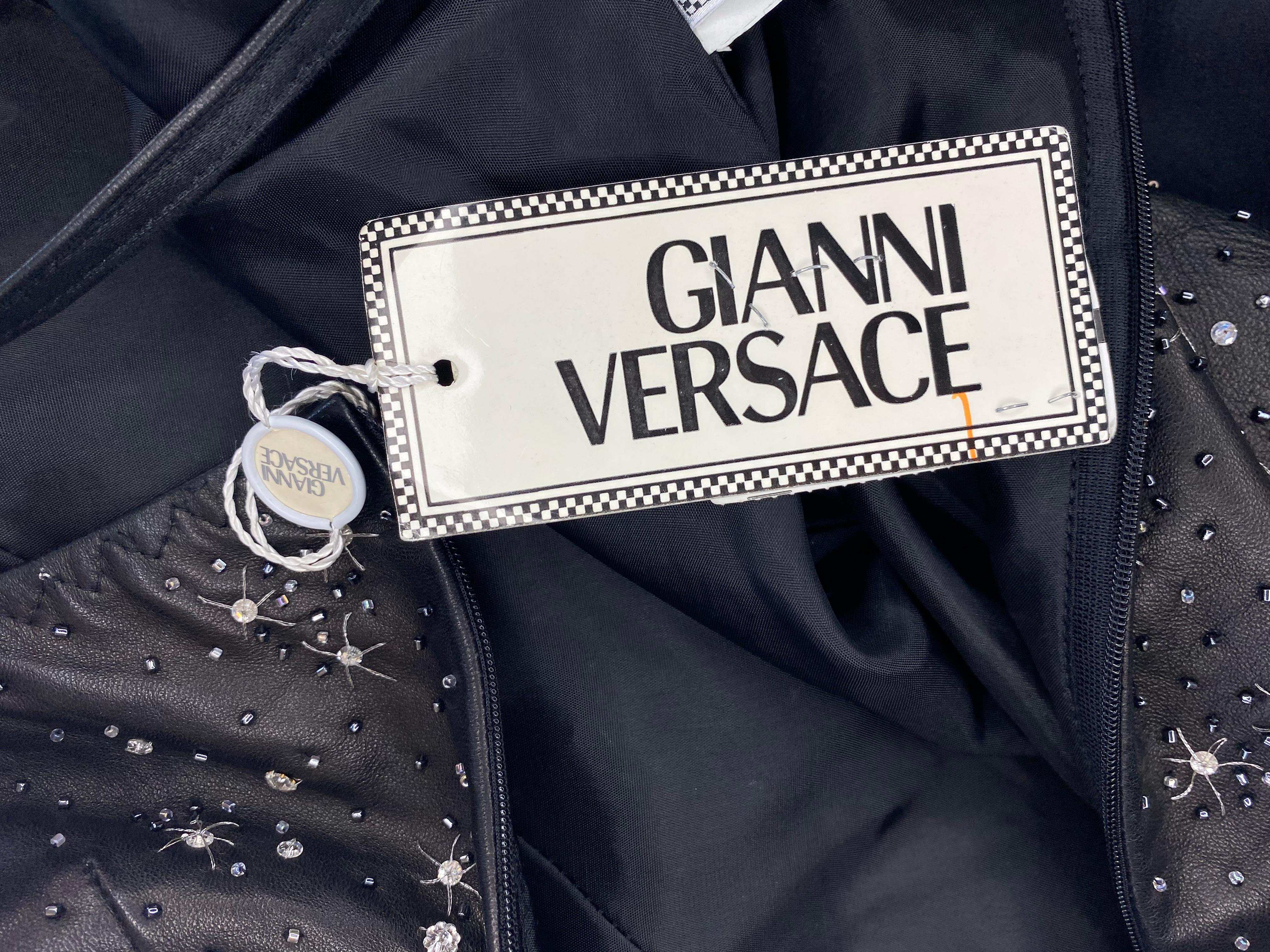NWT S/S 1998 Gianni Versace by Donatella Runway Leather Rhinestone Bead Bodysuit 3