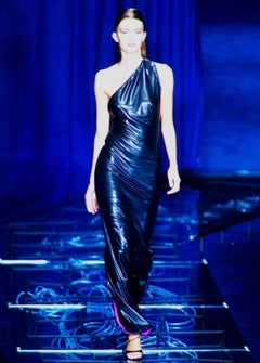 S/S 1998 Gianni Versace by Donatella Wet Look Black Electric Blue Stretch Gown
