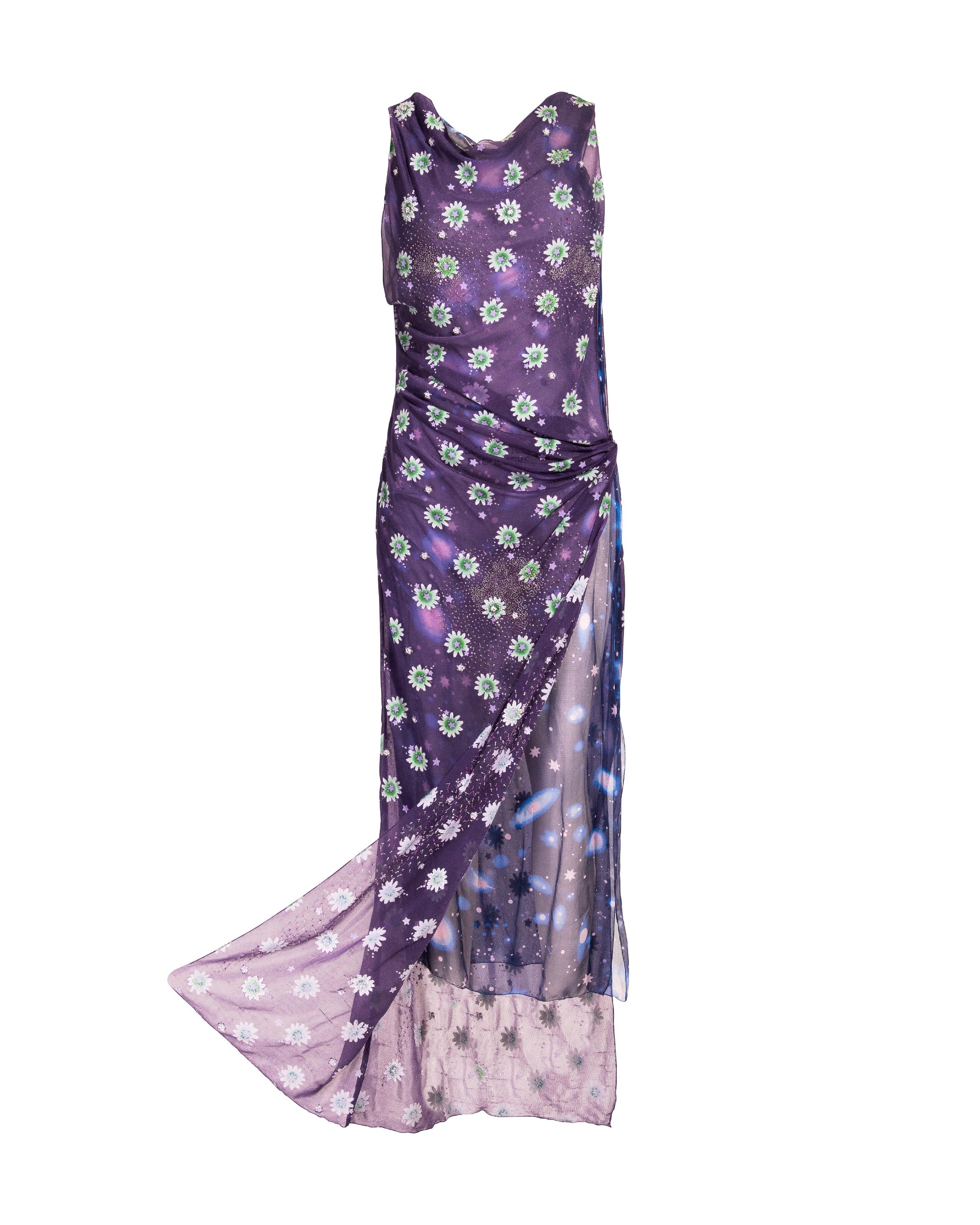 S/S 1998 Gianni Versace Medusa Purple Embroidered Silk Cutout Evening Gown 5
