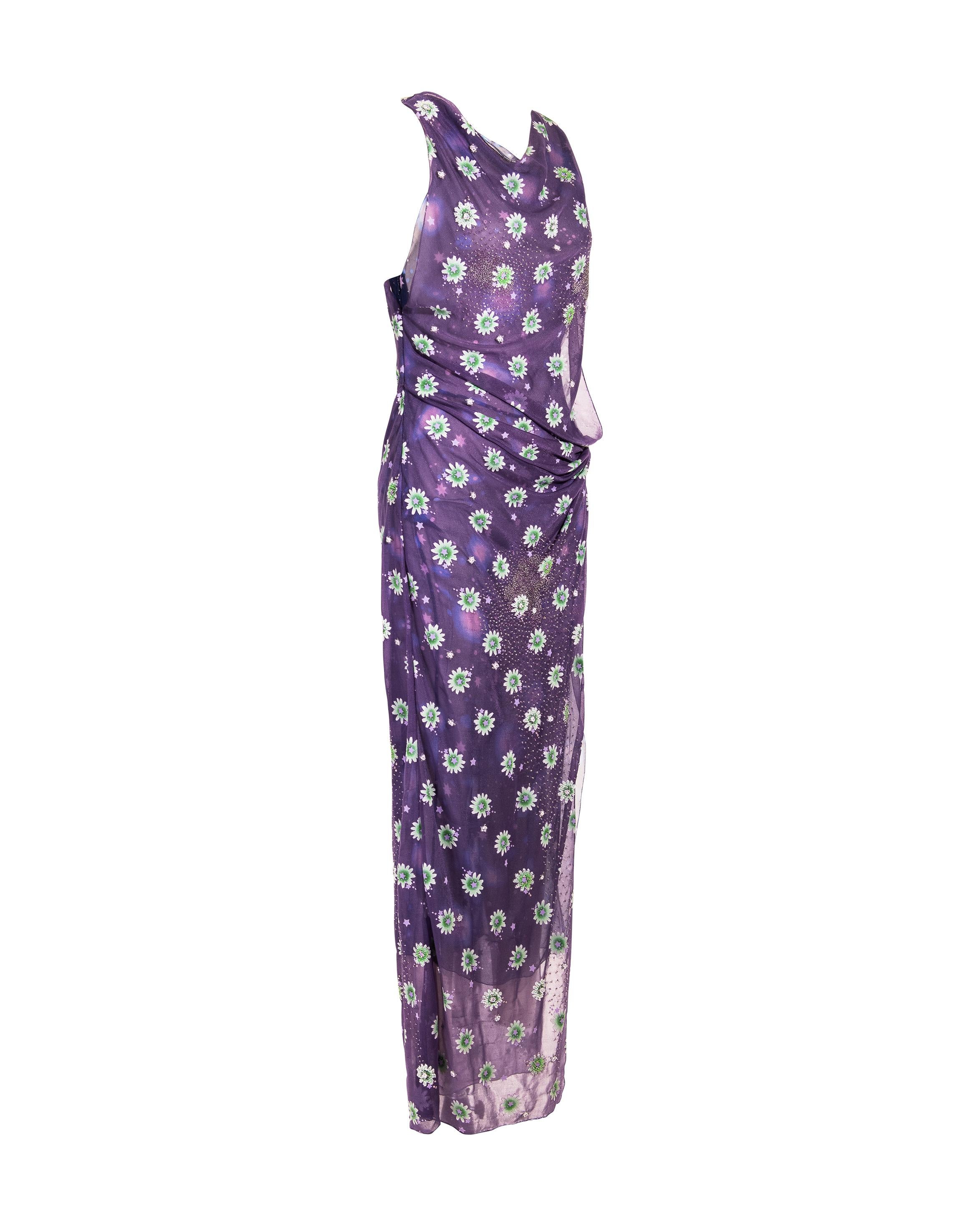 S/S 1998 Gianni Versace Medusa Purple Embroidered Silk Cutout Evening Gown In Good Condition In North Hollywood, CA