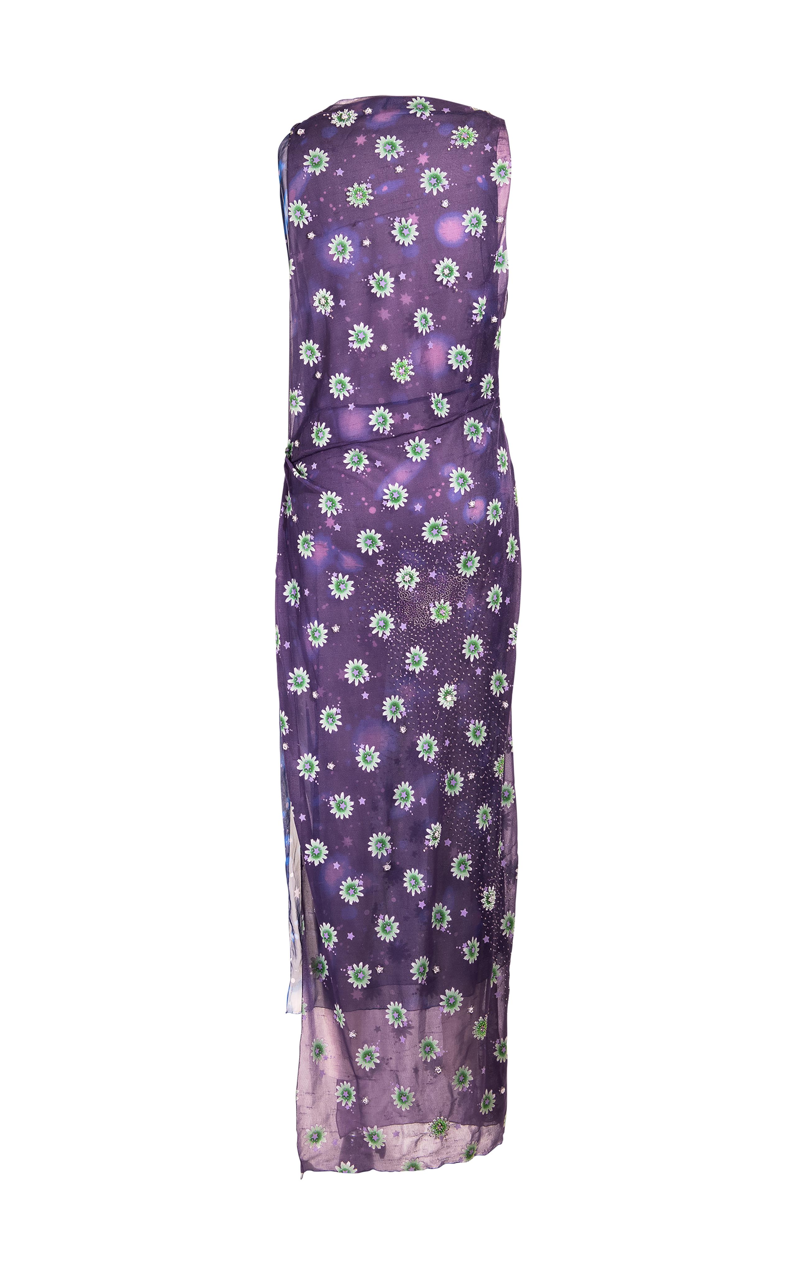 Women's S/S 1998 Gianni Versace Medusa Purple Embroidered Silk Cutout Evening Gown