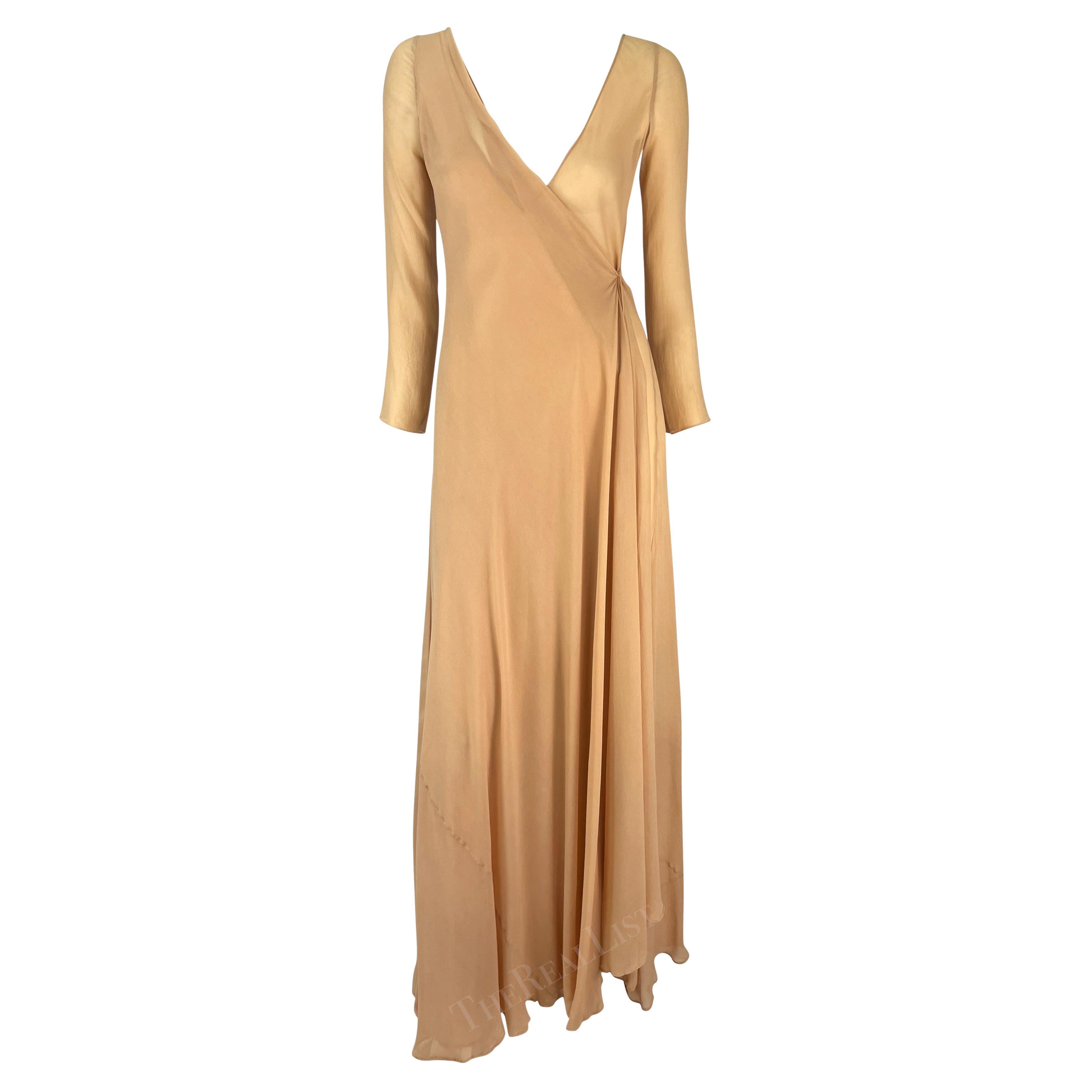 S/S 1998 Gucci by Tom Ford Beige Sheer Wrap Floor Length Sample Gown  For Sale