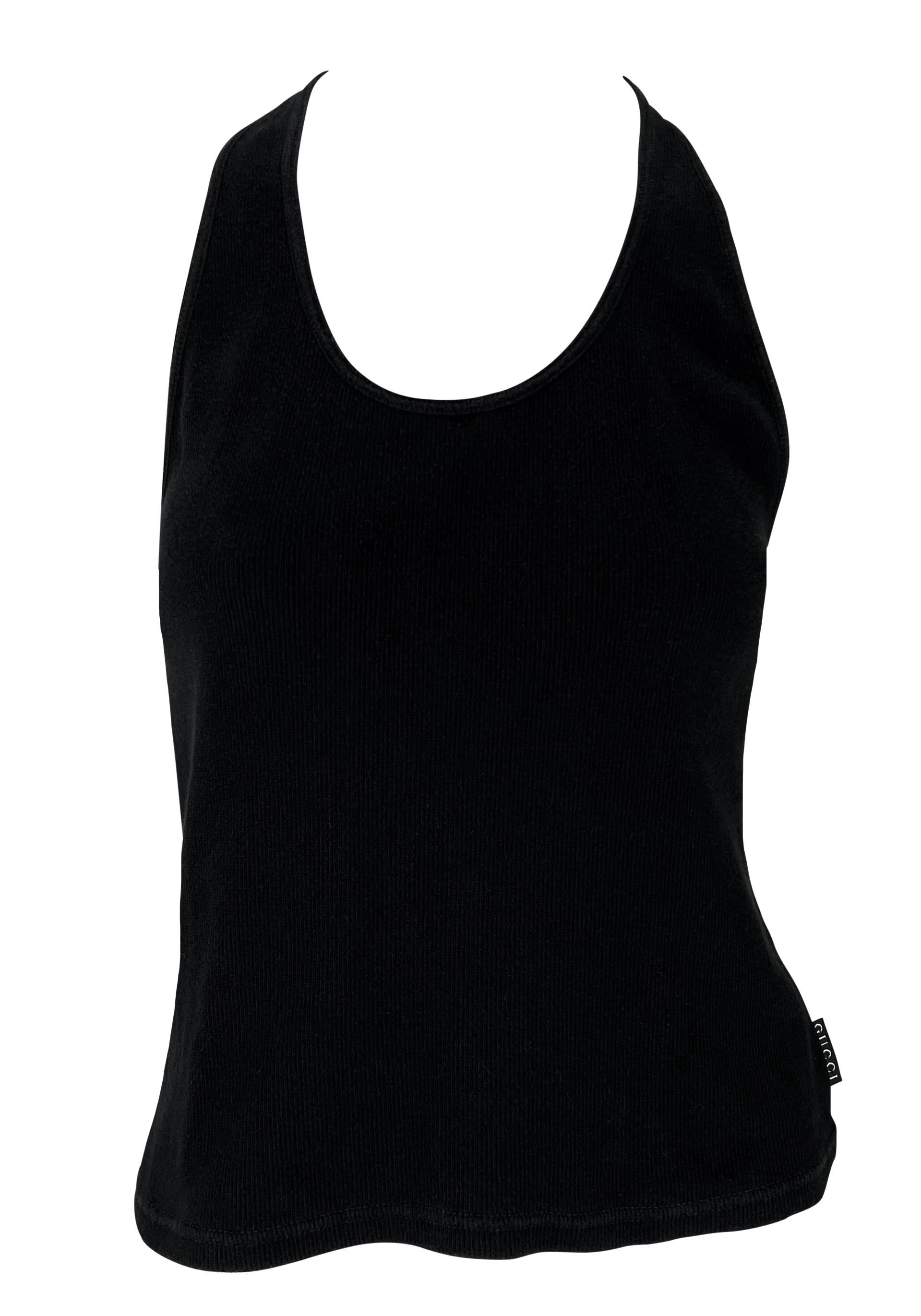 Women's or Men's S/S 1998 Gucci by Tom Ford Black Stretch Ribbed Knit Logo Tab Racerback Tank Top For Sale