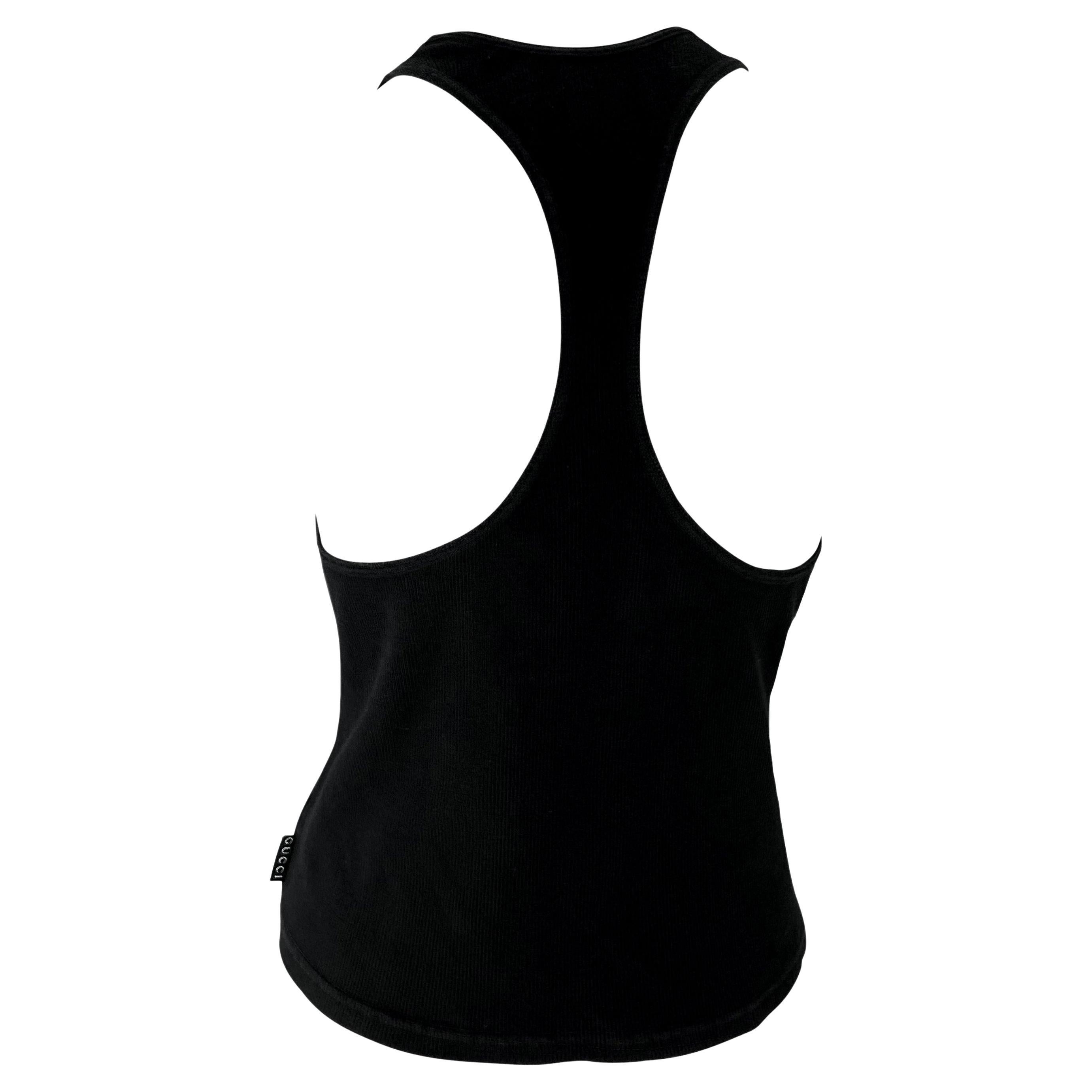 S/S 1998 Gucci by Tom Ford Black Stretch Ribbed Knit Logo Tab Racerback Tank Top For Sale