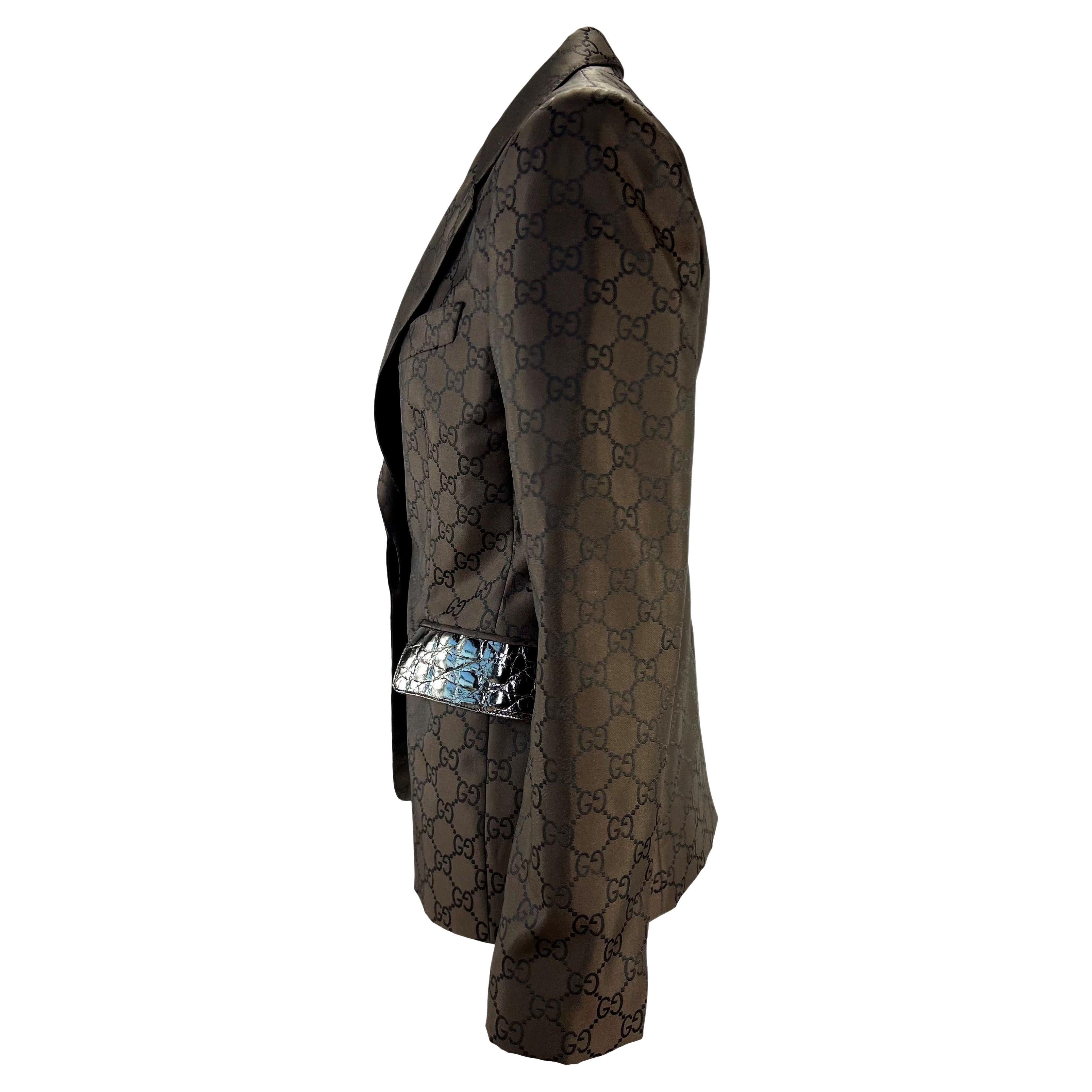 Noir Blazer S/S 1998 Gucci by Tom Ford Brown GG Monogramme Alligator Trim Blazer en vente