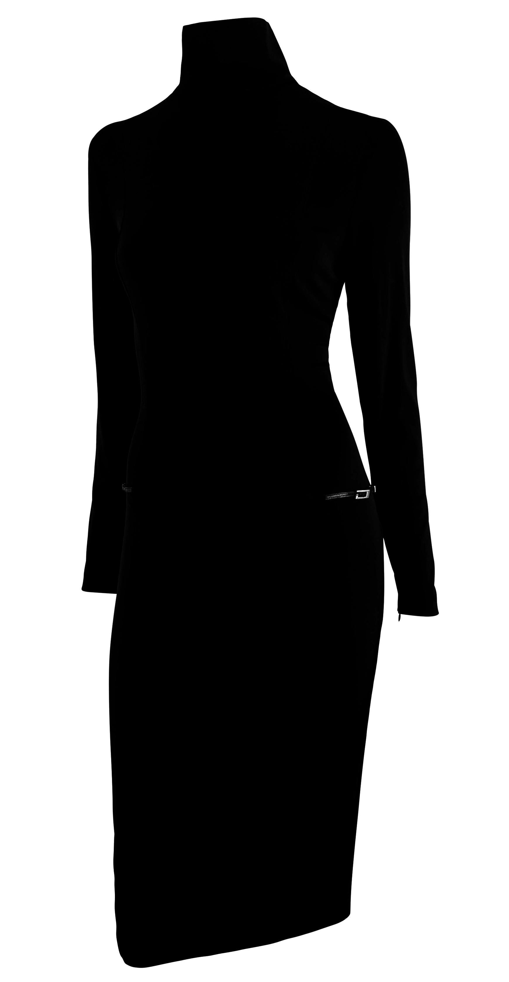 Women's S/S 1998 Gucci by Tom Ford G Buckle Black Turtleneck Sheer Stretch Dress For Sale