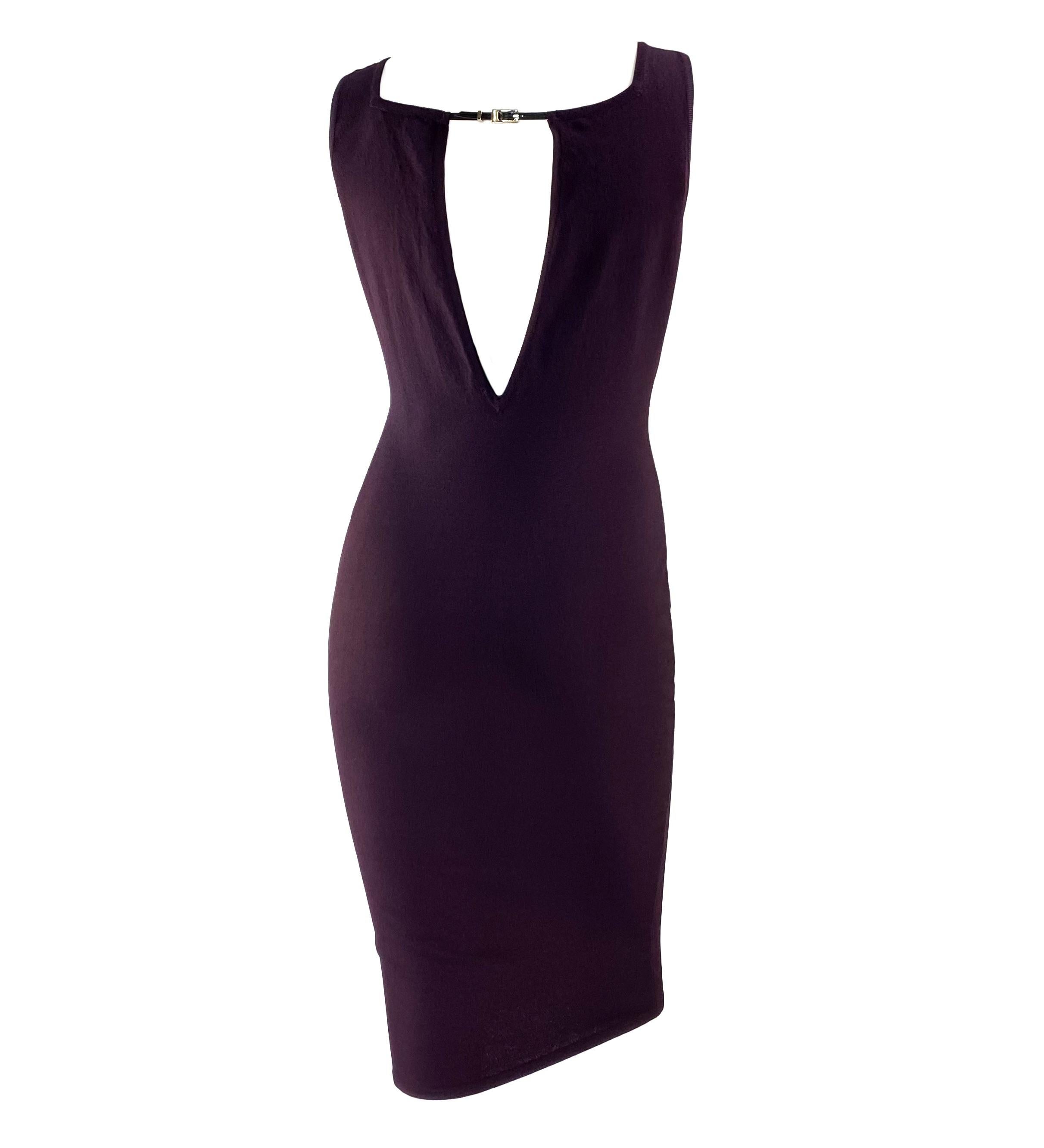 Black S/S 1998 Gucci by Tom Ford G Buckle Purple Knit Sleeveless Cutout Dress For Sale