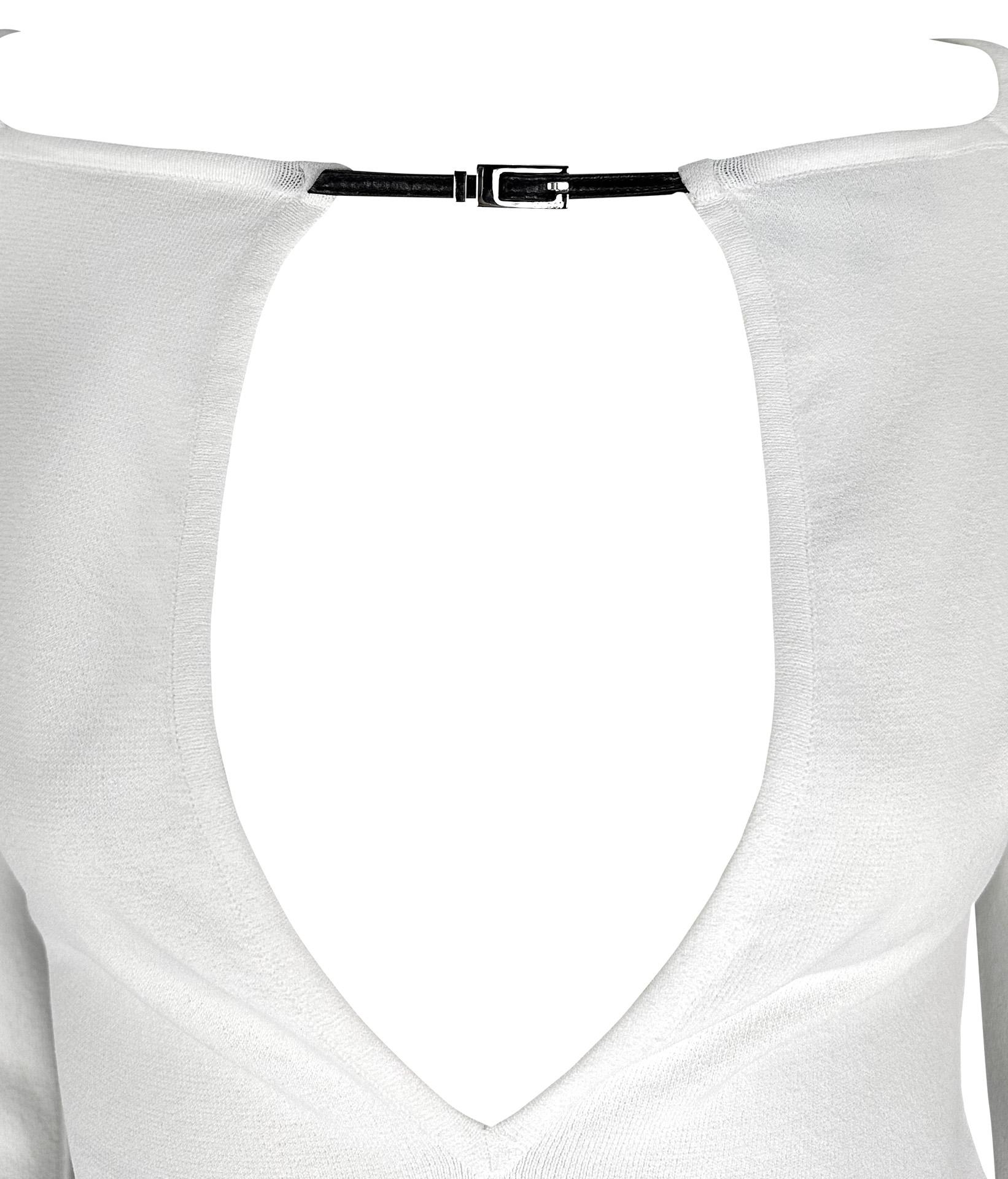 This iconic G buckle 'thong' skirt set, designed by Tom Ford, is from the Spring/Summer 1998 collection. Debuted on the season's runway, this white set is a must-have for Tom Ford Gucci collectors. The skirt features leather straps accented with G