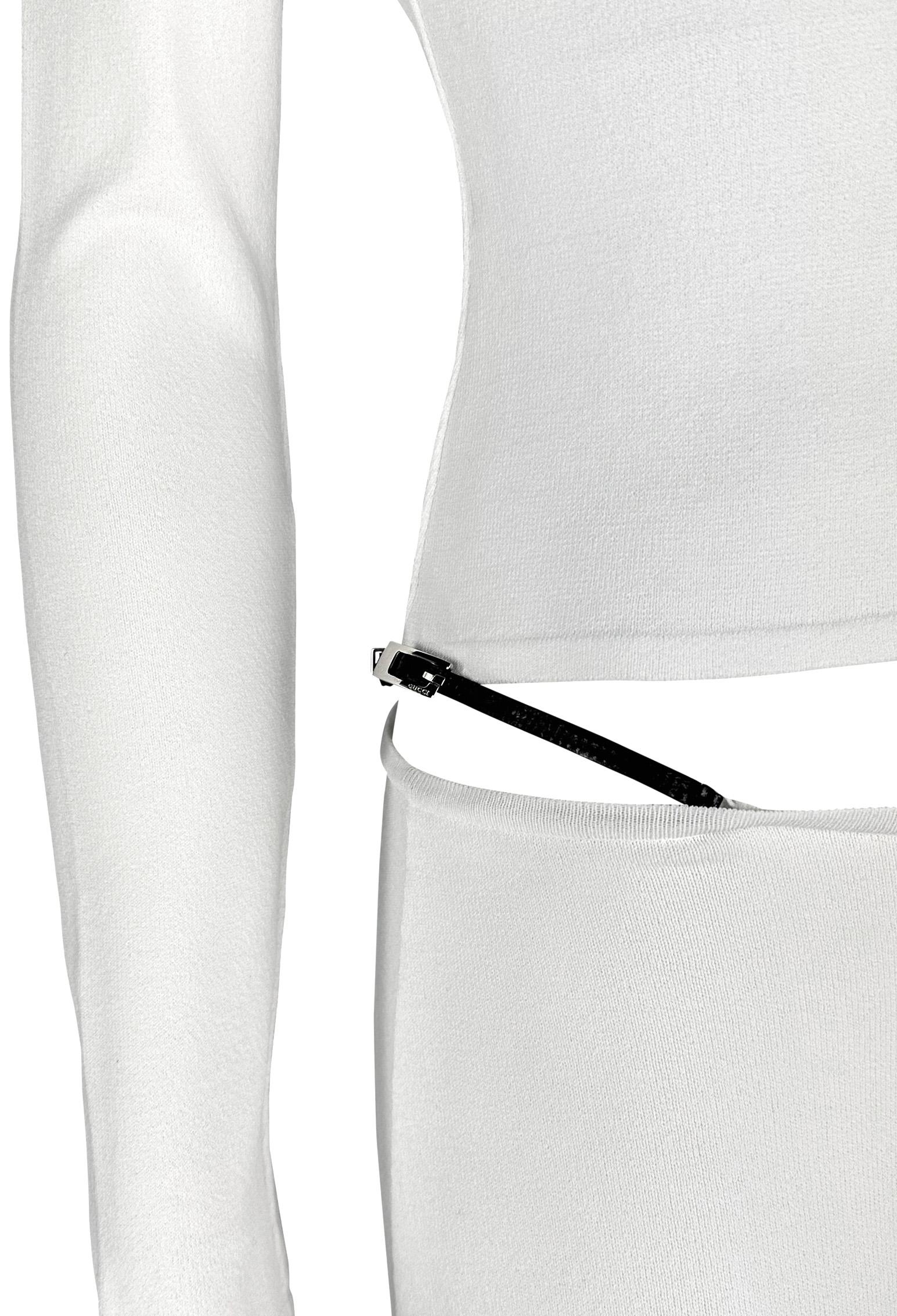 Gray S/S 1998 Gucci by Tom Ford G Buckle Thong Strap White Bodycon Top Skirt Set