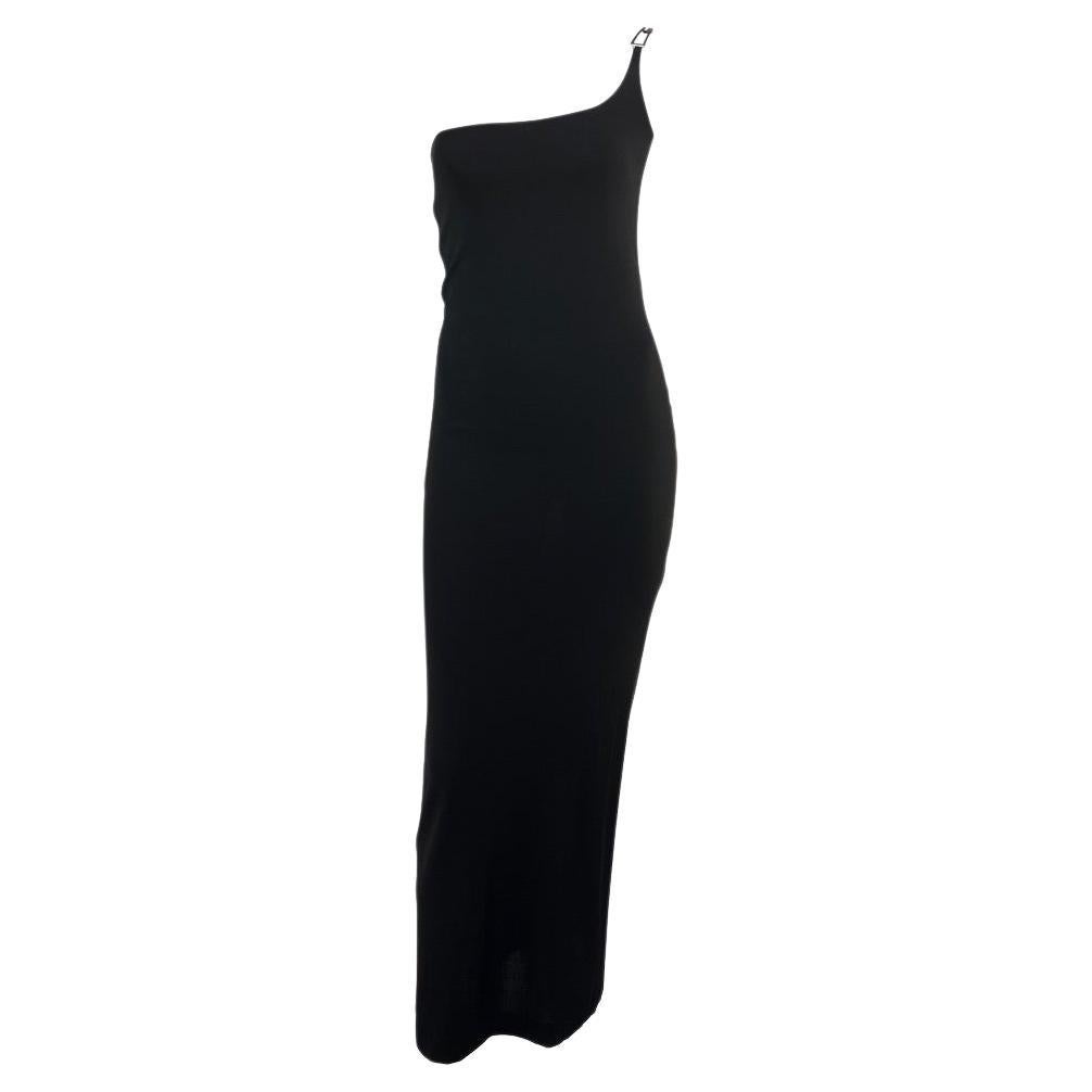S/S 1998 Gucci by Tom Ford G Logo Buckle Black Column Dress Asymmetric  For Sale