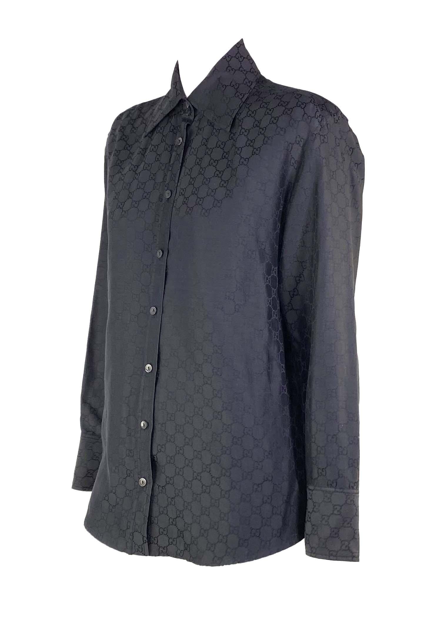 Noir S/S 1998 Gucci by Tom Ford GG Monogram Black Cotton Silk Shoulder Pad Button Up en vente