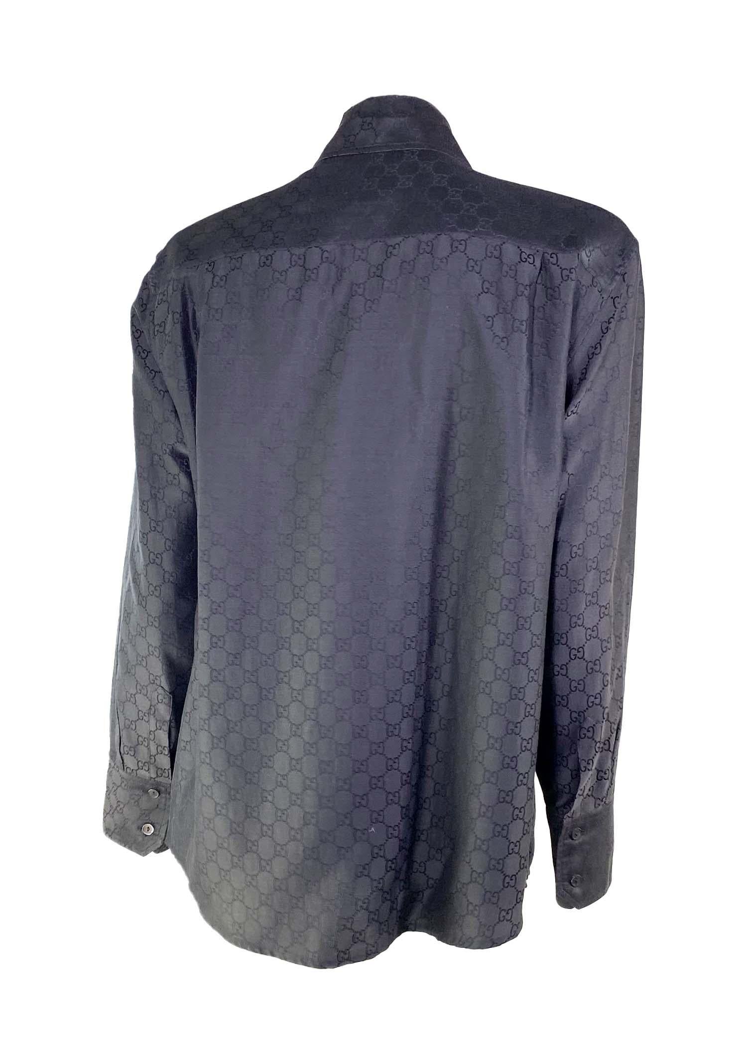 S/S 1998 Gucci by Tom Ford GG Monogram Black Cotton Silk Shoulder Pad Button Up en vente 1