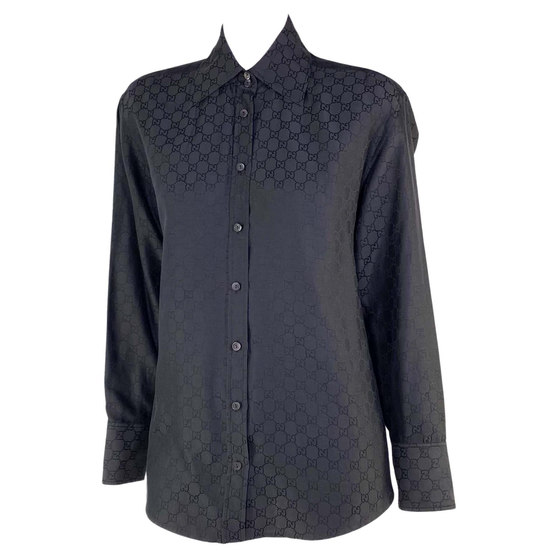S/S 1998 Gucci by Tom Ford GG Monogram Black Cotton Silk Shoulder Pad Button Up For Sale