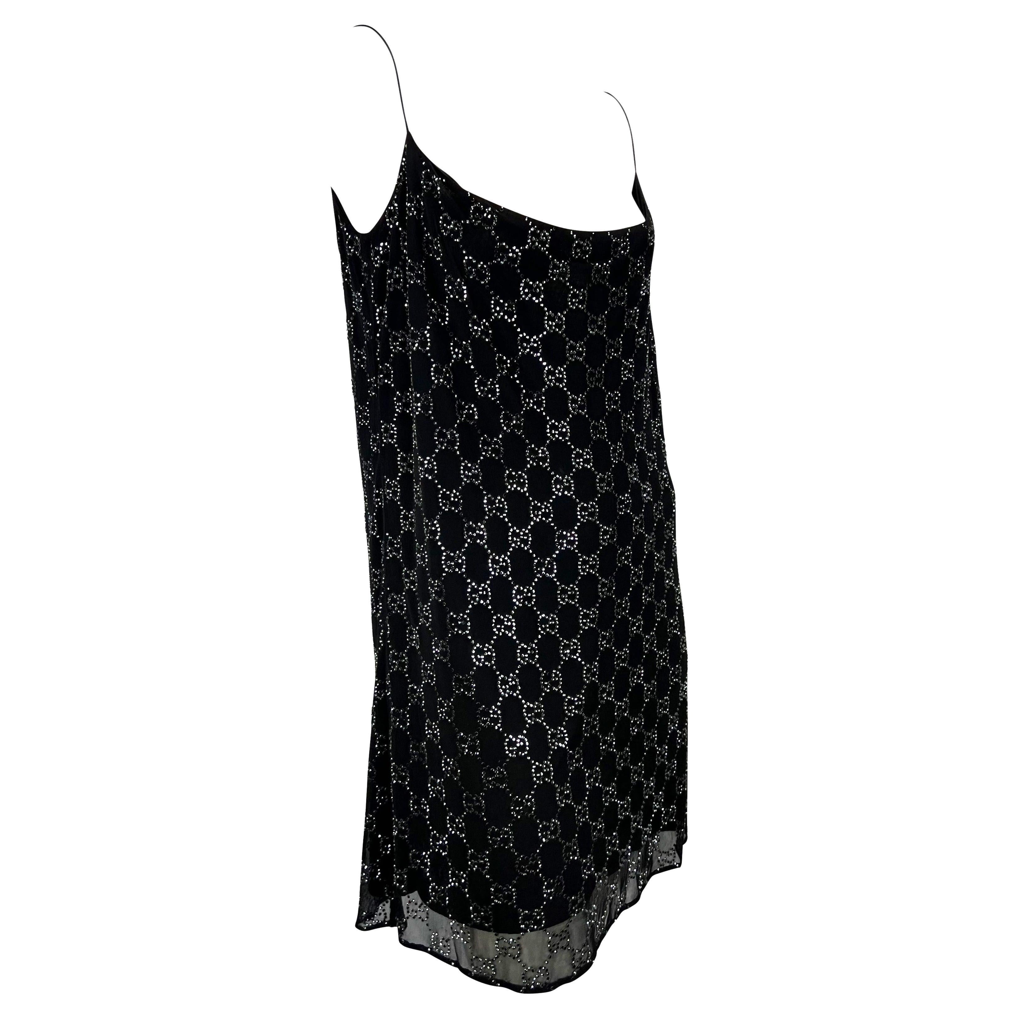 S/S 1998 Gucci by Tom Ford GG Monogram Rhinestone Silk Chiffon Navy Dress For Sale 5