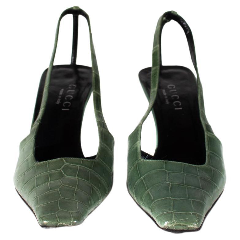 P/E 1998 Gucci by Tom Ford Greene & Greene Light Alligator Kitten Heels Crystal G in vendita 1