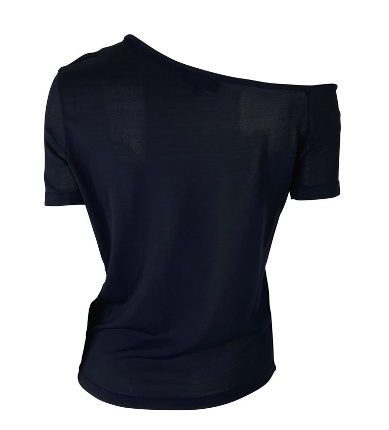 Black S/S 1998 Gucci by Tom Ford Navy Knit Asymmetric Sheer Stretch T-Shirt For Sale