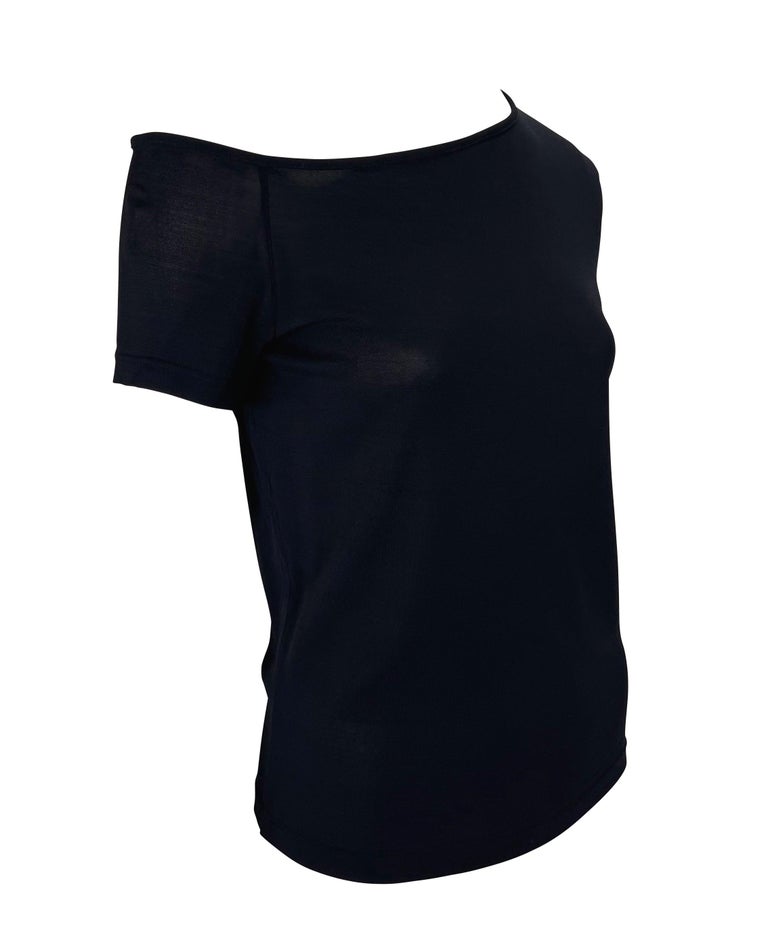 S/S 1998 Gucci by Tom Ford Navy Knit Asymmetric Sheer Stretch T-Shirt In Excellent Condition For Sale In Philadelphia, PA