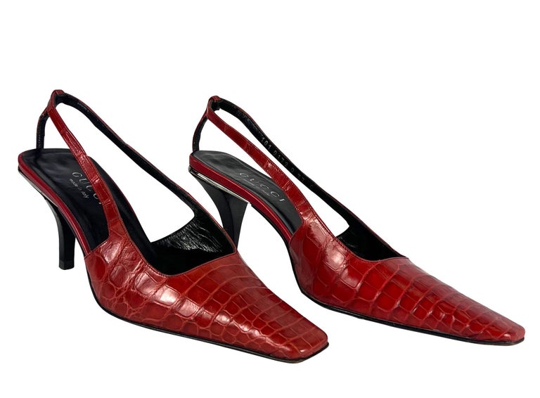 S/S 1998 Gucci by Tom Ford Red Alligator Crystal G Kitten Heels