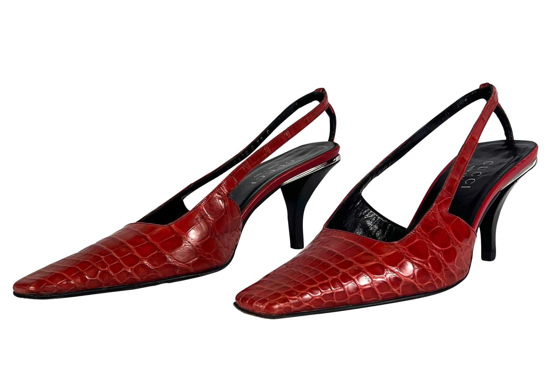 S/S 1998 Gucci by Tom Ford Red Alligator Crystal G Kitten Heels Size Size 37 C For Sale 1