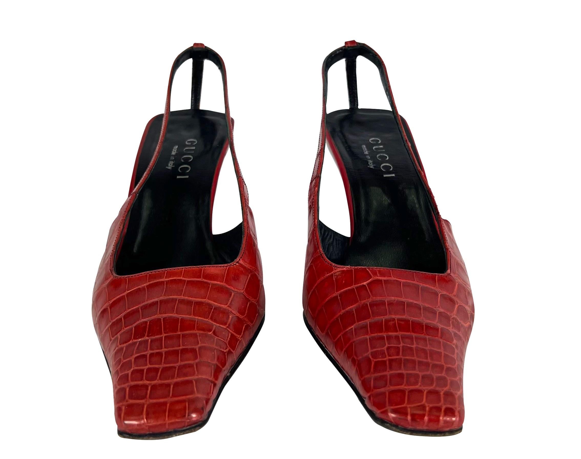 S/S 1998 Gucci by Tom Ford Red Alligator Crystal G Kitten Heels Size Size 37 C For Sale 2