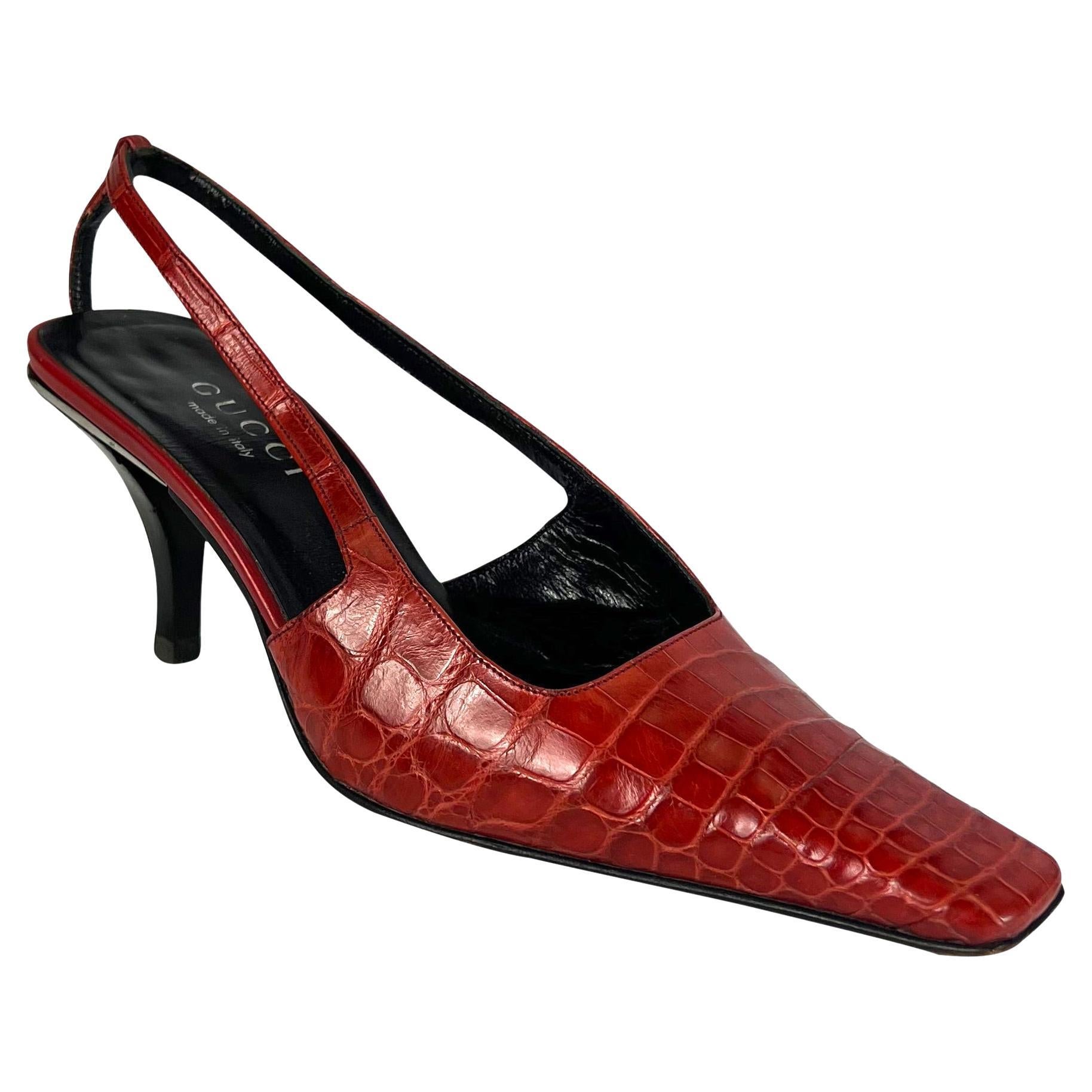 S/S 1998 Gucci by Tom Ford Red Alligator Crystal G Kitten Heels Size Size 37 C For Sale