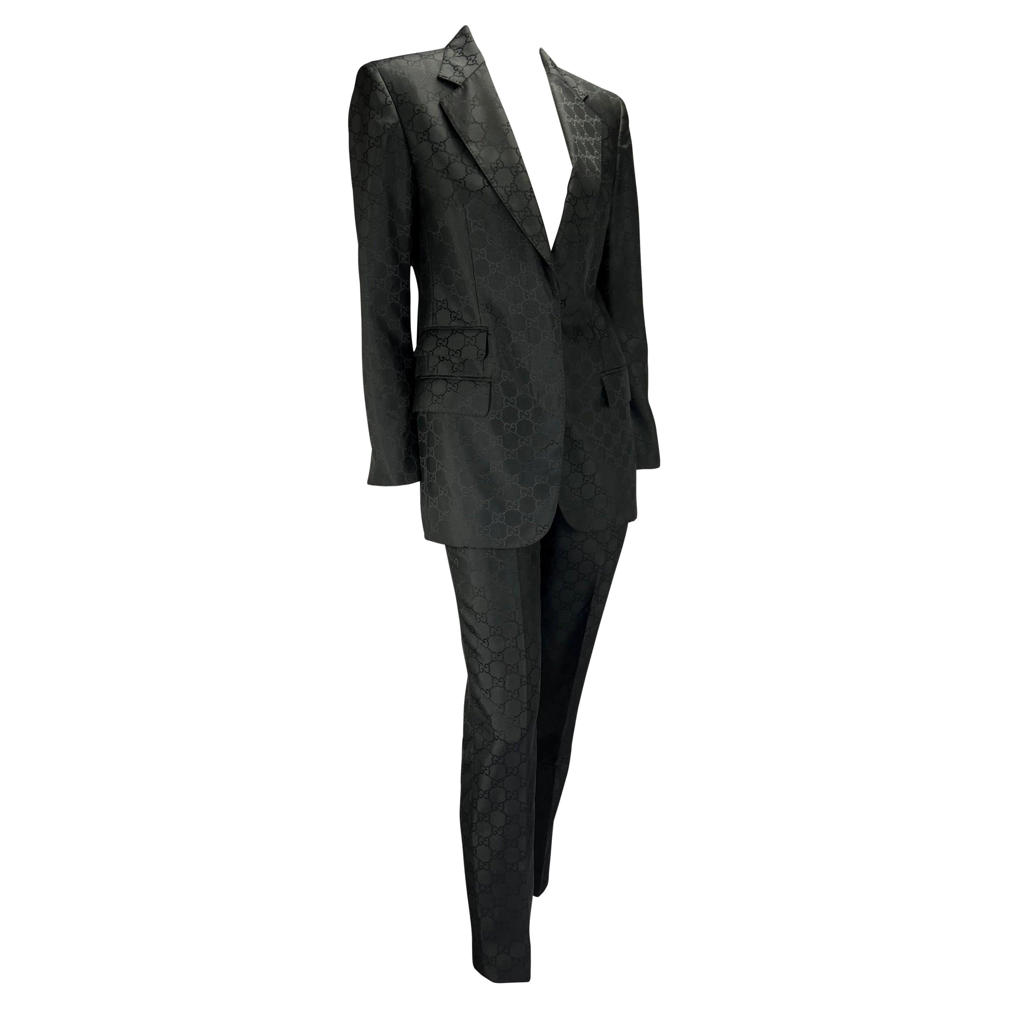 Women's S/S 1998 Gucci by Tom Ford Runway GG Monogram Satin Black Pantsuit For Sale