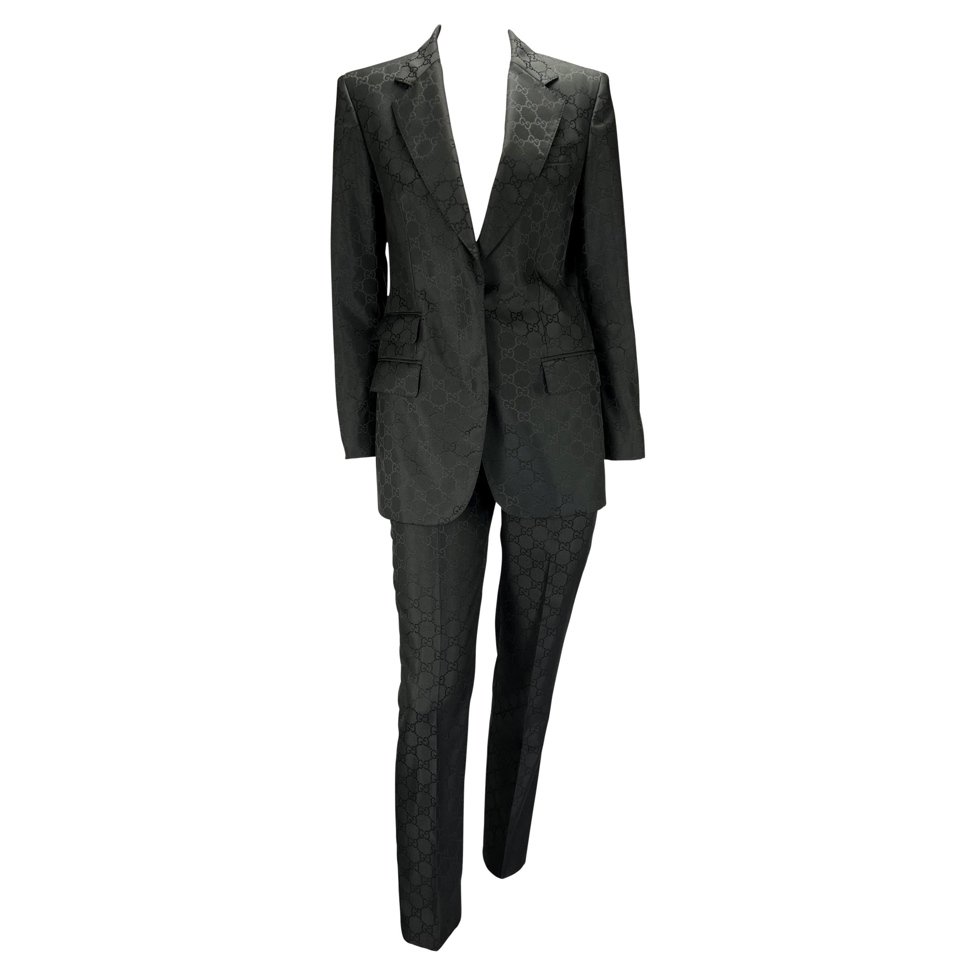 S/S 1998 Gucci by Tom Ford Runway GG Monogram Satin Black Pantsuit For Sale