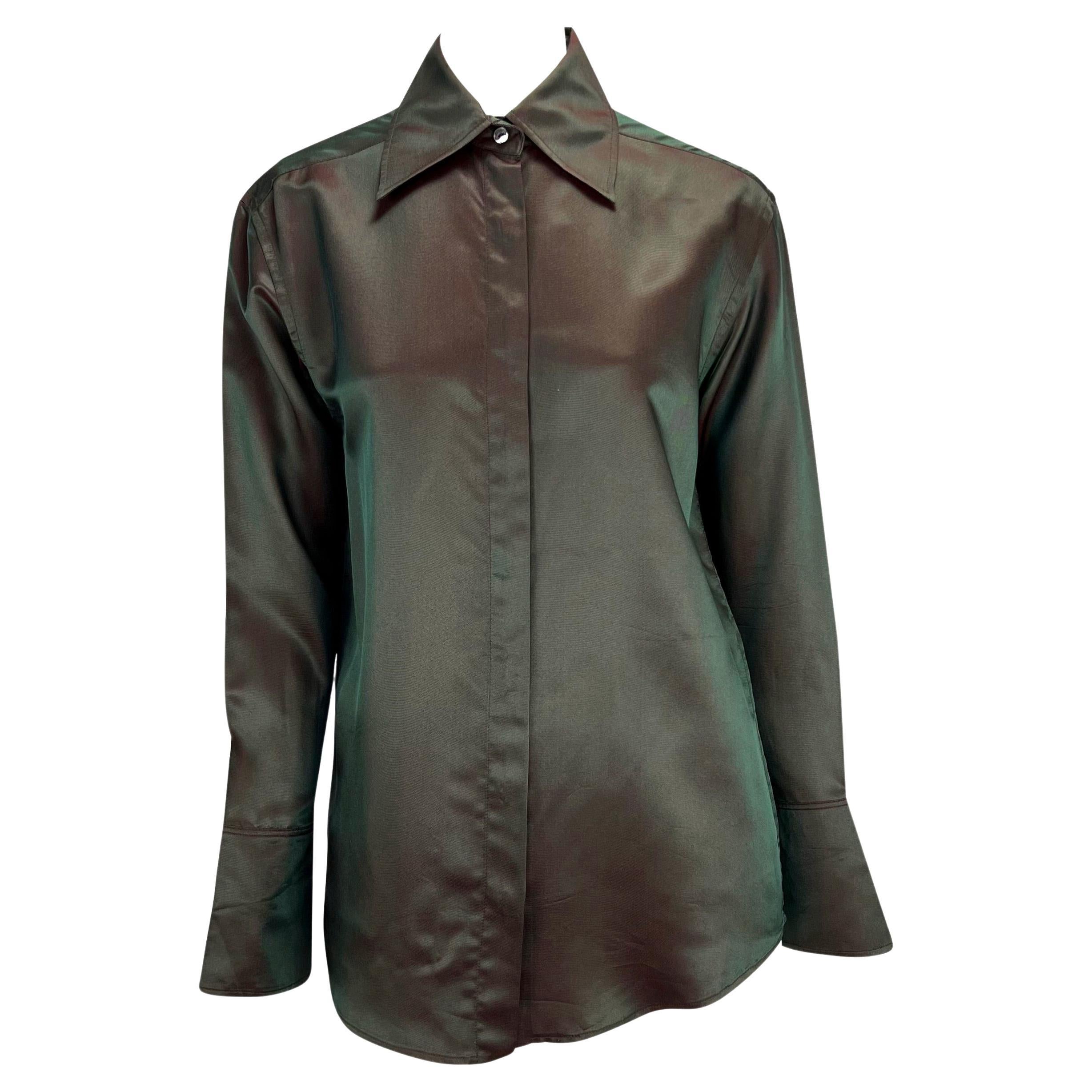 S/S 1998 Gucci by Tom Ford Runway Grey Red Iridescent Button Up Top