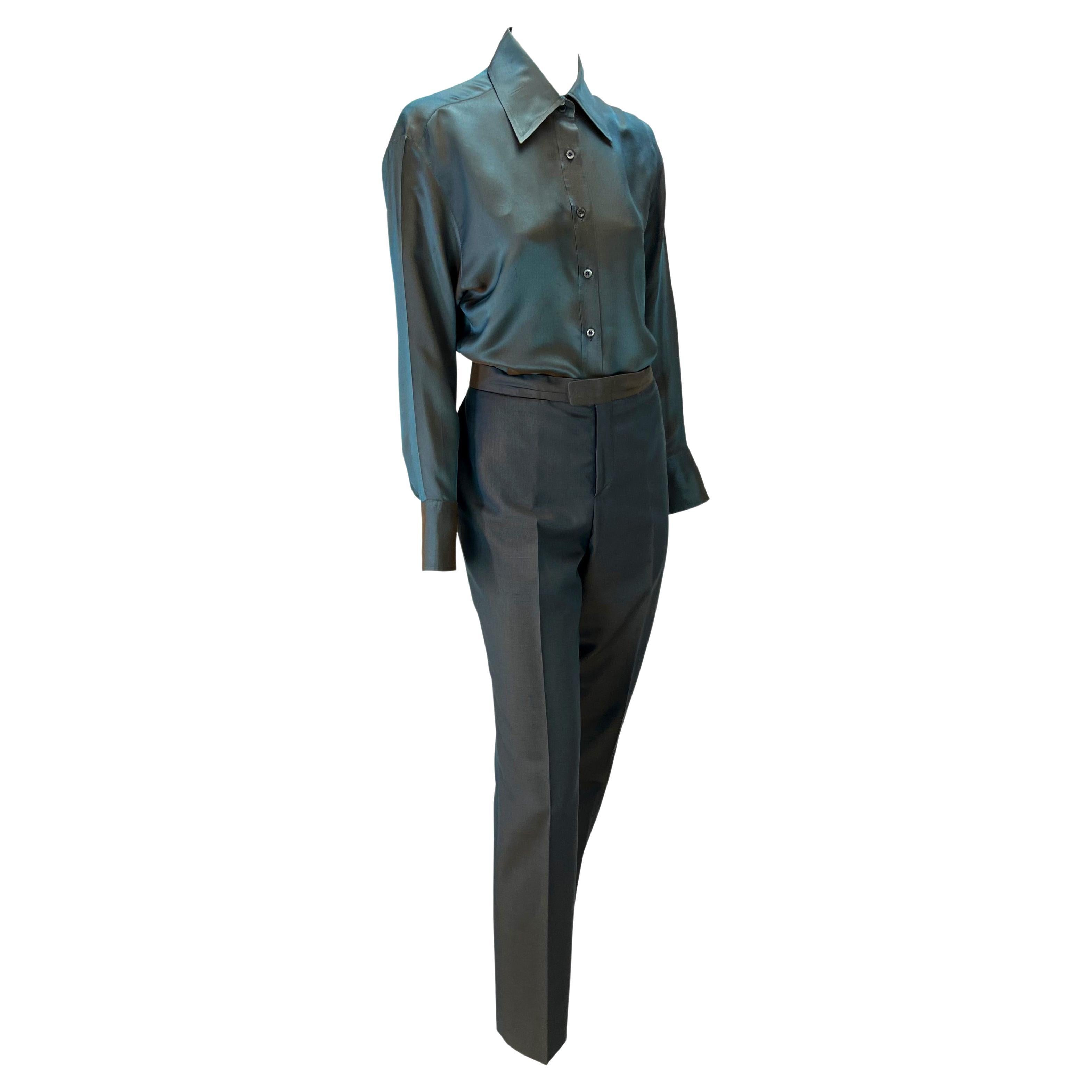 S/S 1998 Gucci by Tom Ford Runway Iridescent Satin Grey Rust Button Up Pant Set For Sale 3
