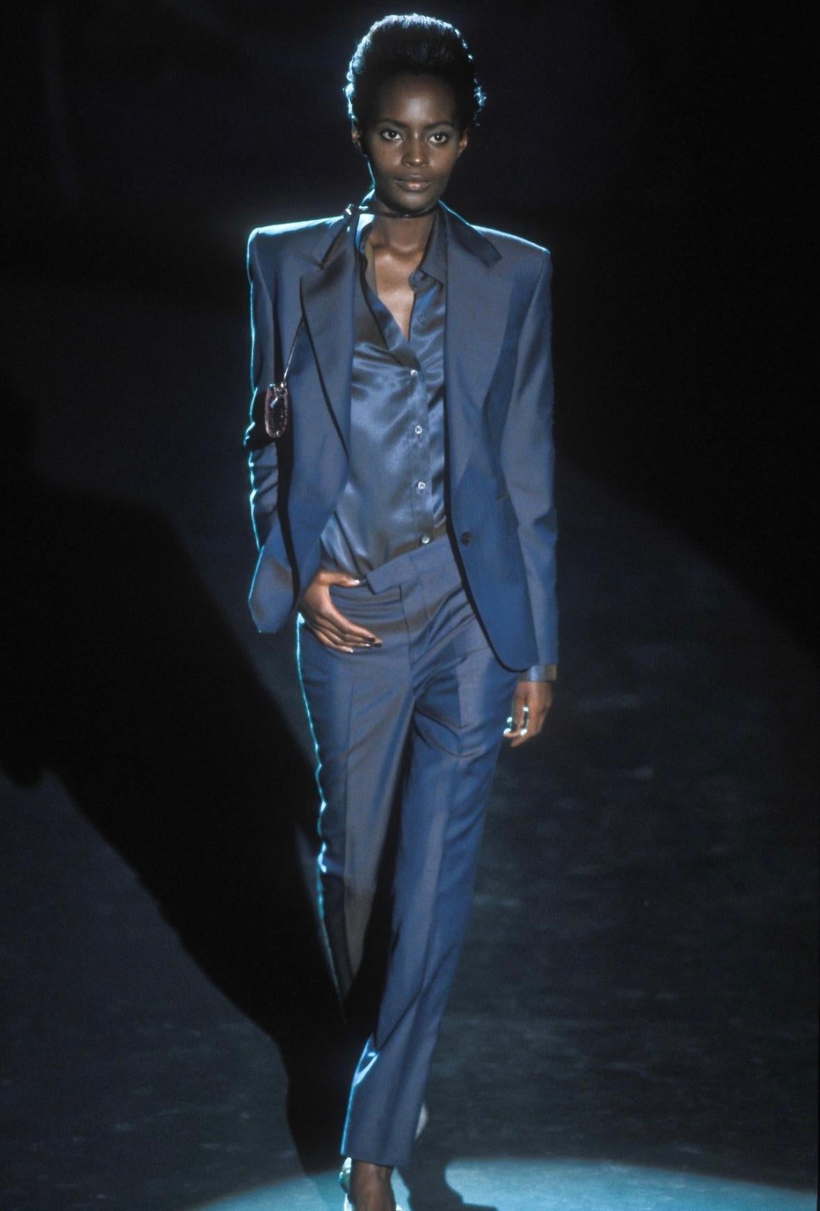 Presenting a gorgeous iridescent blue-grey and rust-toned satin Gucci button-up pant set, designed by Tom Ford. From the Spring/Summer 1998 collection, this set debuted as part of the season's runway collection. Comprised of a collared button-down