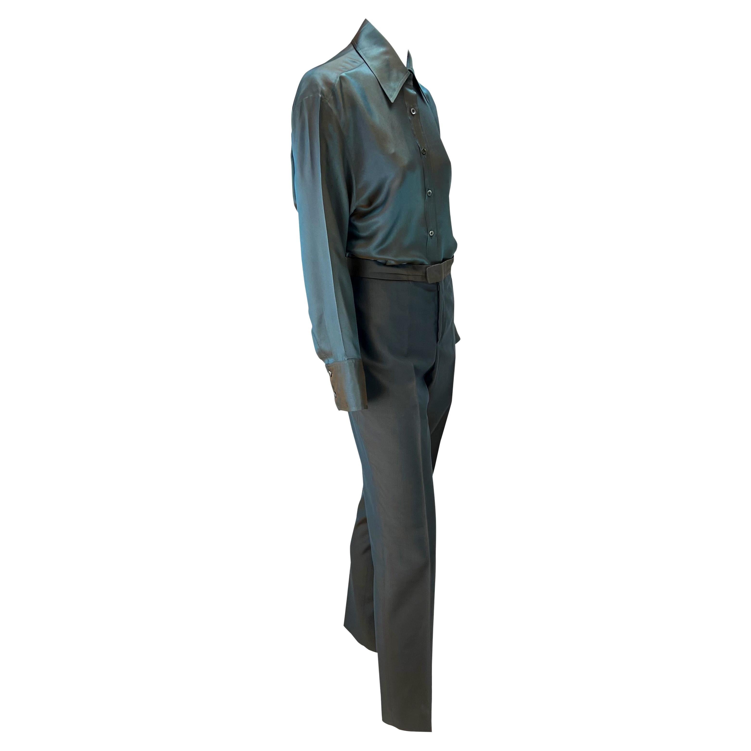 S/S 1998 Gucci by Tom Ford Runway Iridescent Satin Grey Rust Button Up Pant Set For Sale 2