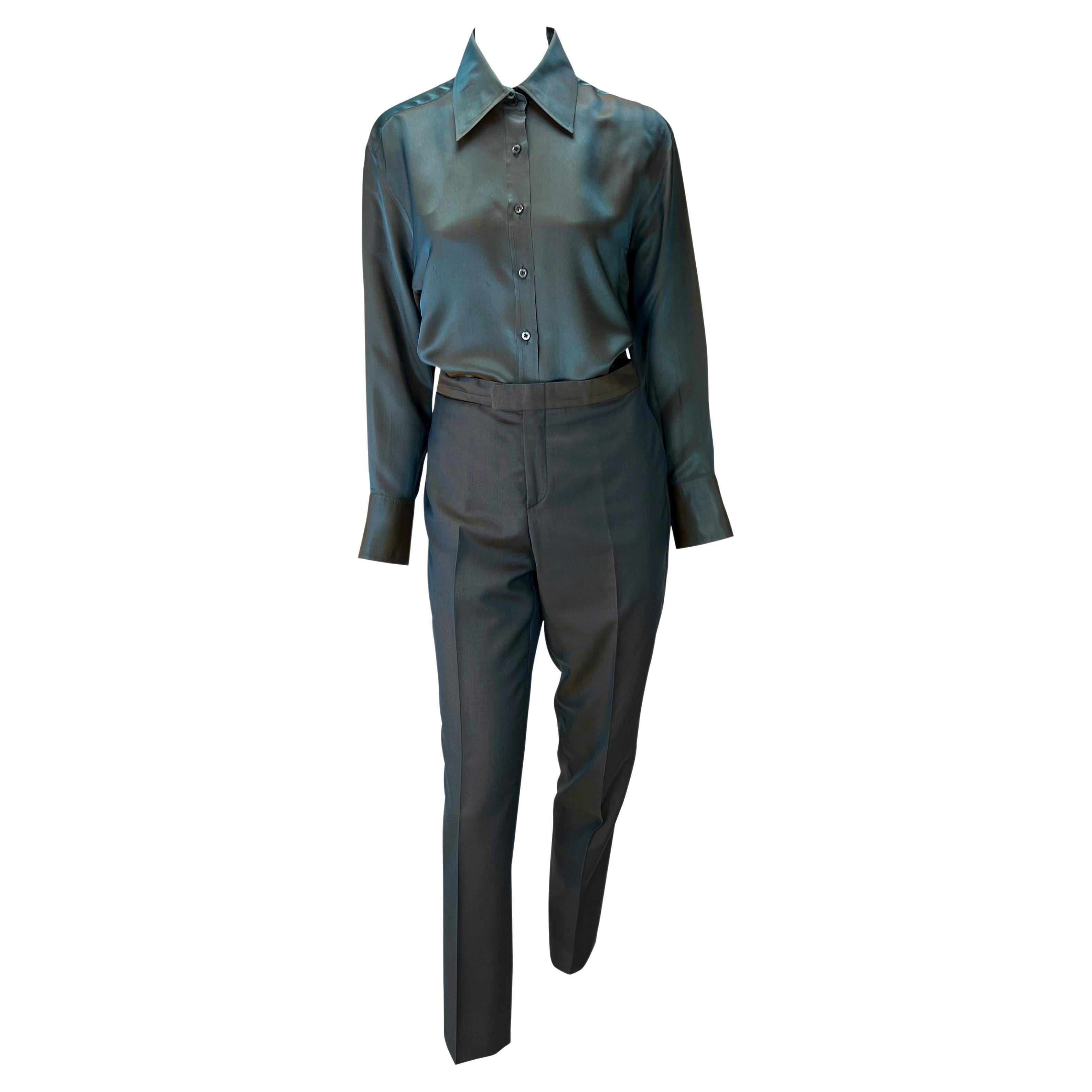 S/S 1998 Gucci by Tom Ford Runway Iridescent Satin Grey Rust Button Up Pant Set For Sale