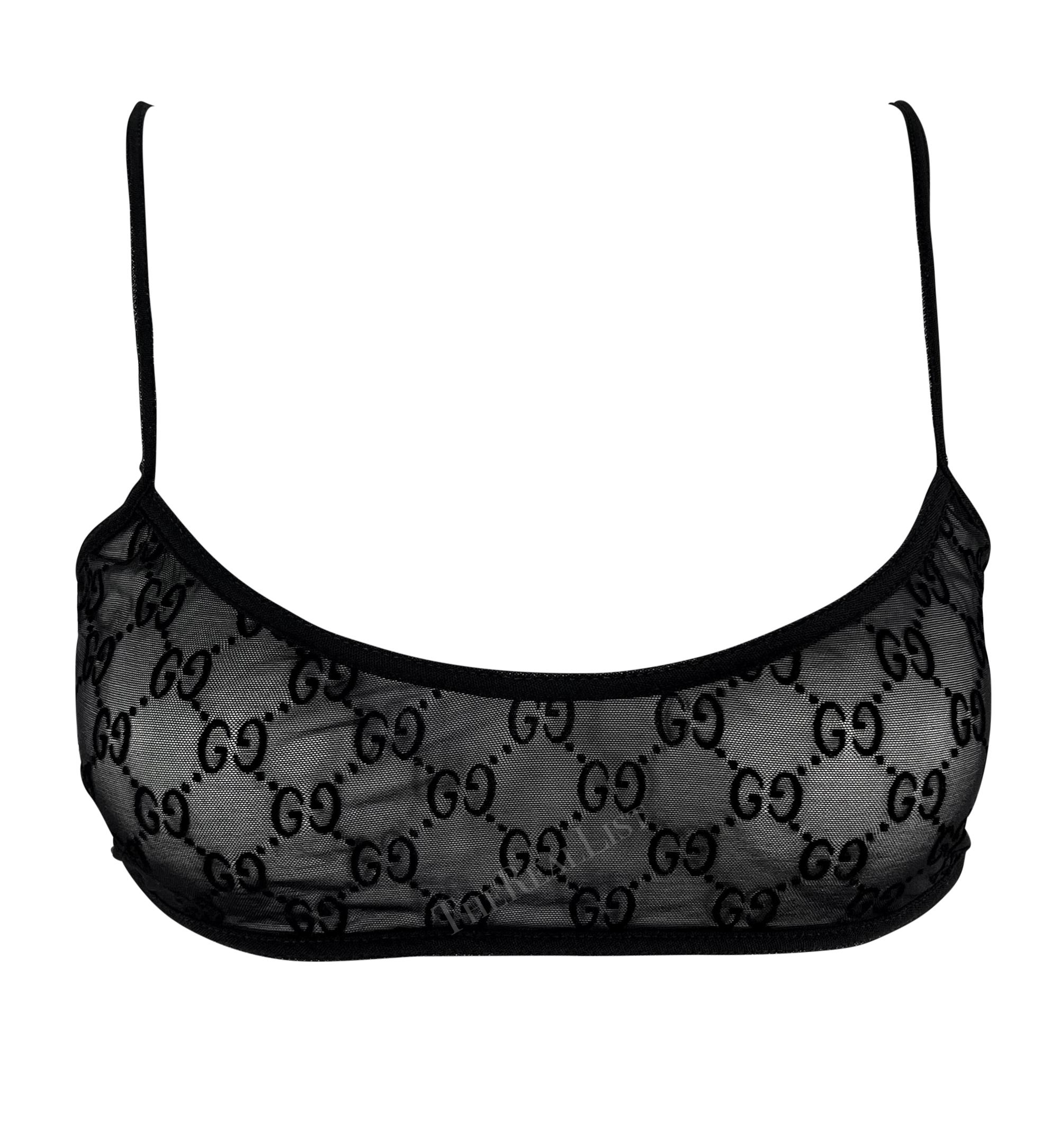 Women's S/S 1998 Gucci by Tom Ford Runway Sheer Black Mesh Velvet GG Crop Top Bralette