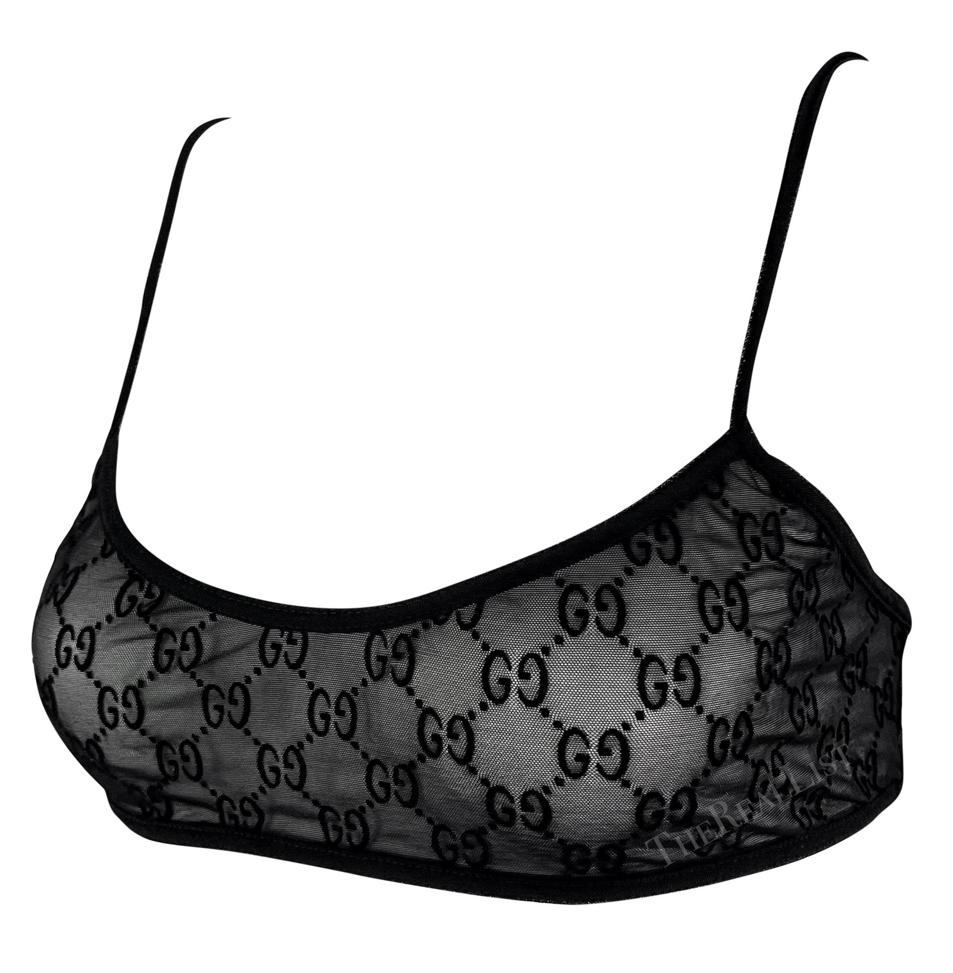 S/S 1998 Gucci by Tom Ford Runway Sheer Black Mesh Velvet GG Crop Top Bralette 2
