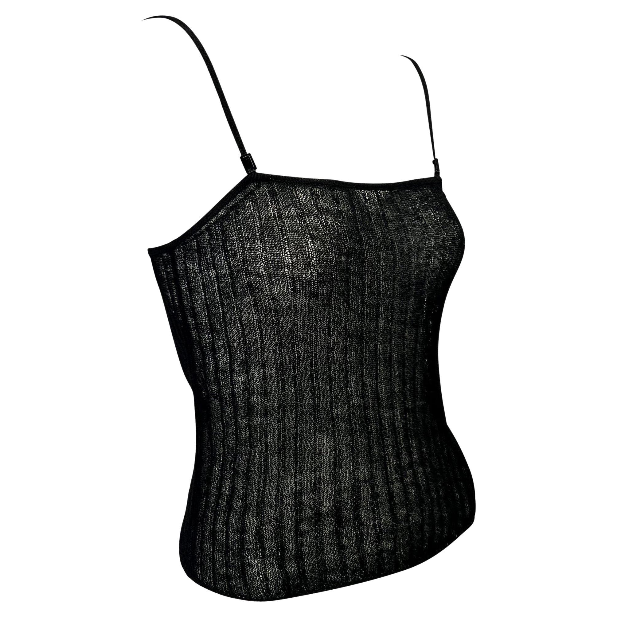 S/S 1998 Gucci by Tom Ford Sheer Knit Logo Buckle Black Stretch Tank Top For Sale