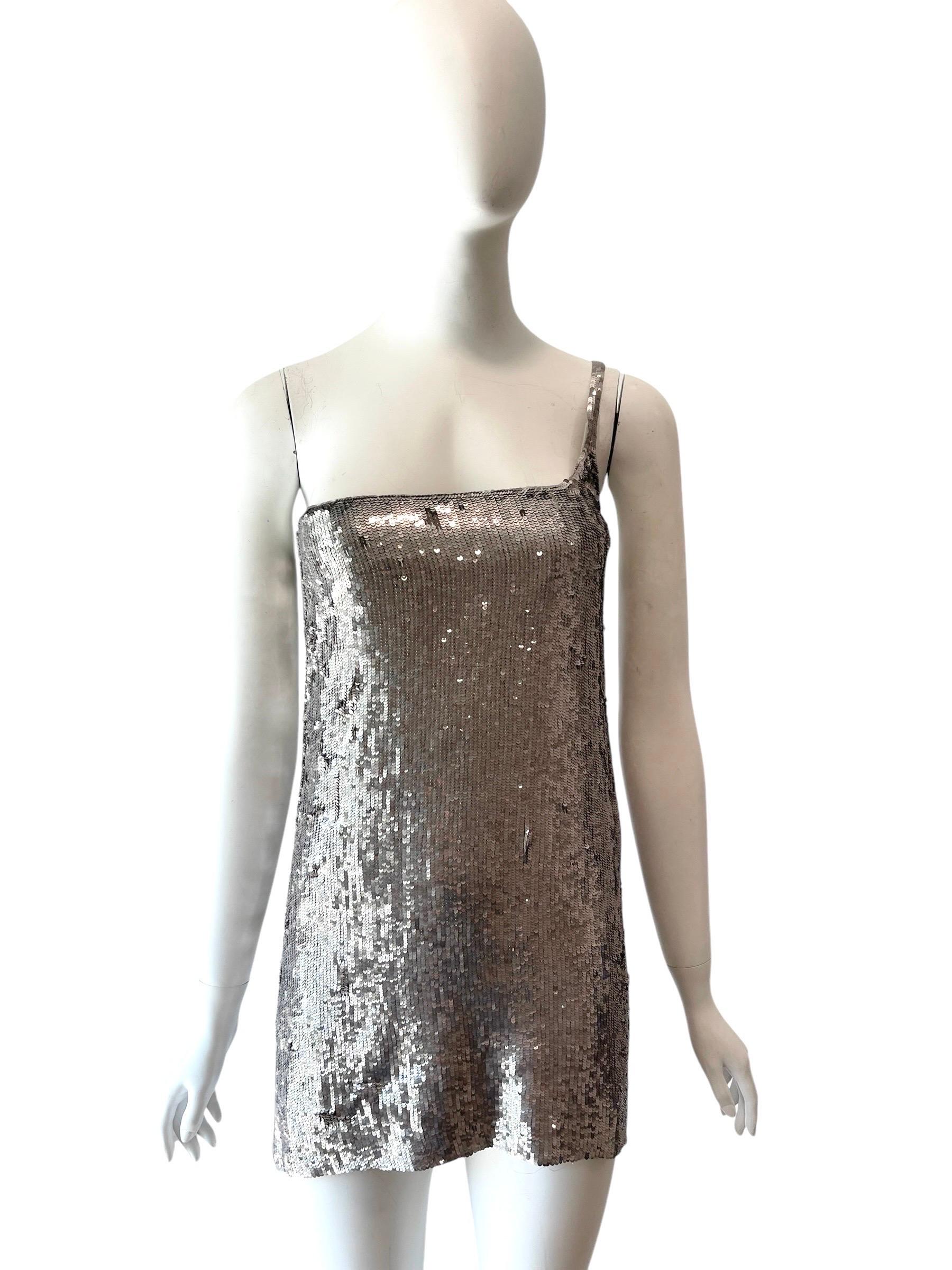 S/S 1998 GUCCI by Tom Ford silver sequin mini dress 

one shoulder 
silk lining 
condition: Very good
bust 27.75