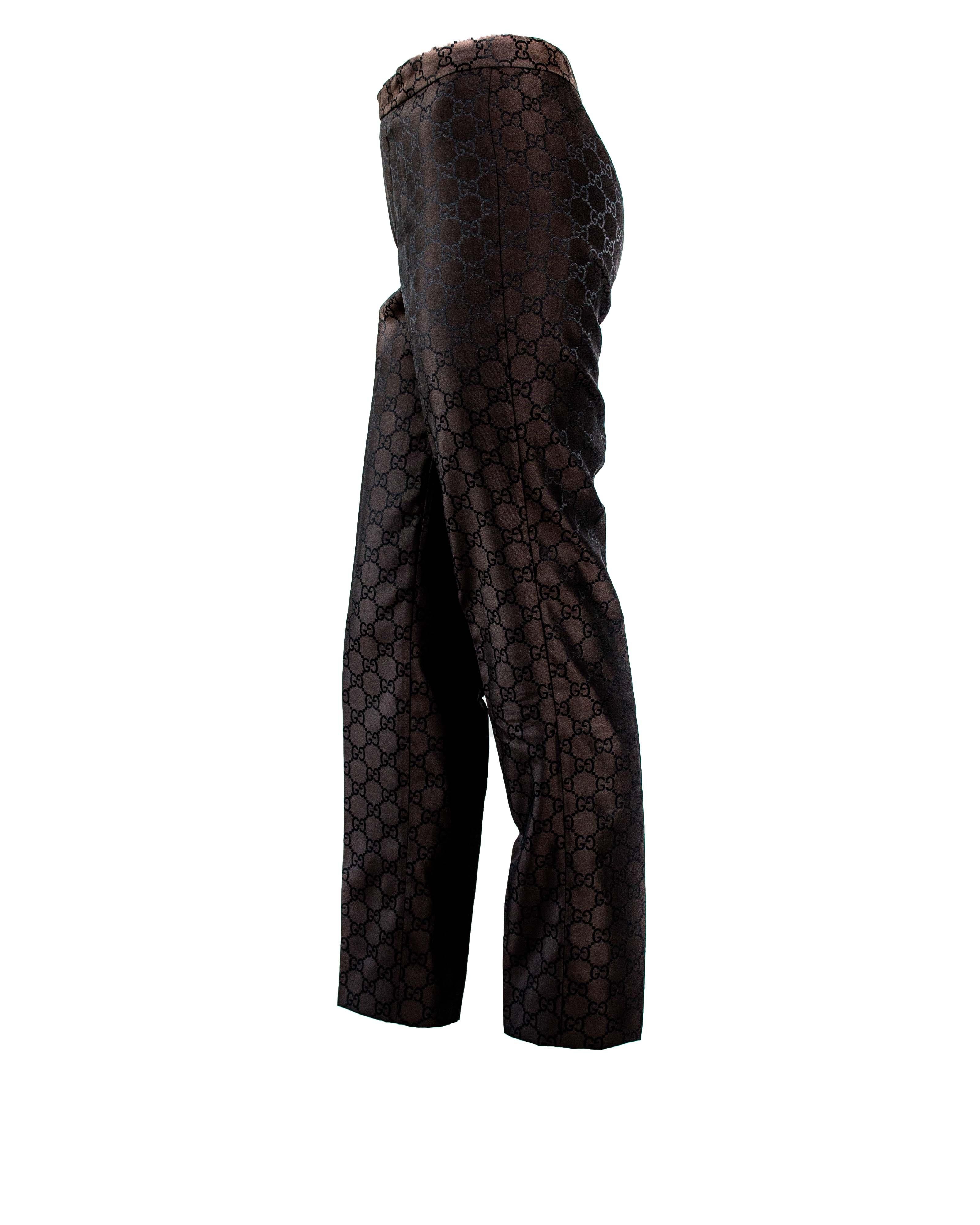 S/S 1998 Gucci by Tom Ford Woven GG Monogram Satin Brown Pantsuit In Good Condition For Sale In West Hollywood, CA