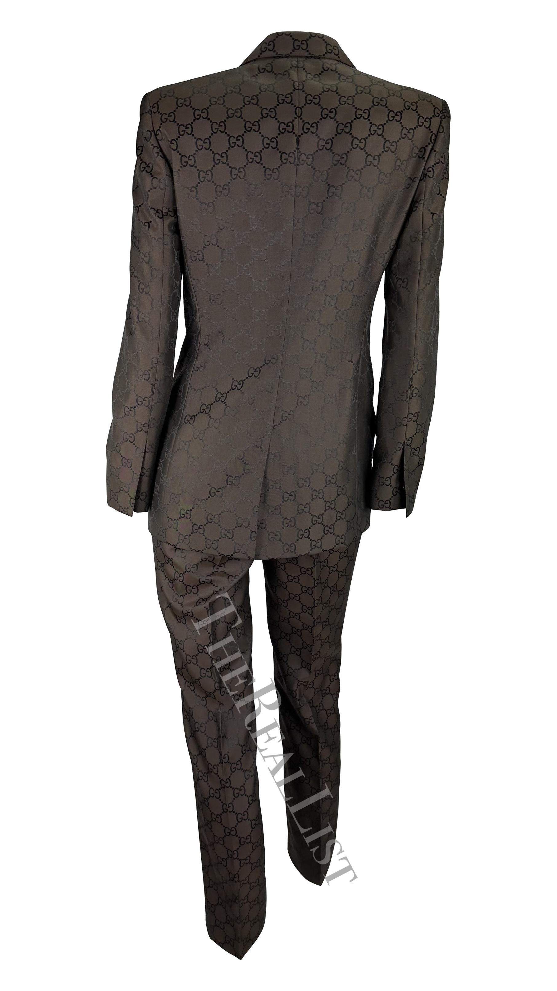 S/S 1998 Gucci by Tom Ford Woven GG Monogram Satin Brown Pantsuit For Sale 1