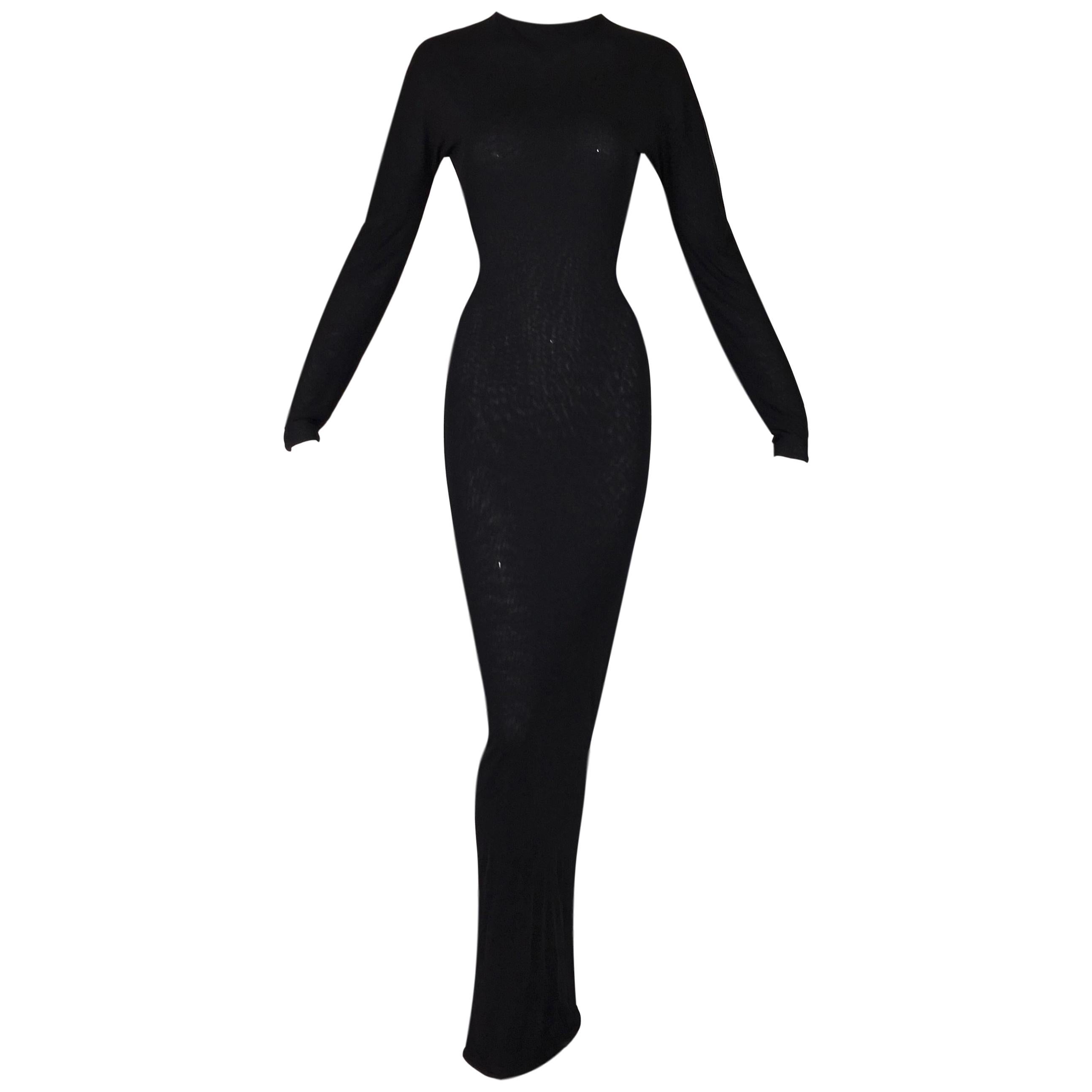 S/S 1998 Gucci Tom Ford Runway Semi-Sheer Black Bodystocking L/S Gown Dress