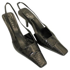 S/S 1998 Gucci x Tom Ford Runway Croc Crystal Logo Heel Square Toe Pumps Mules