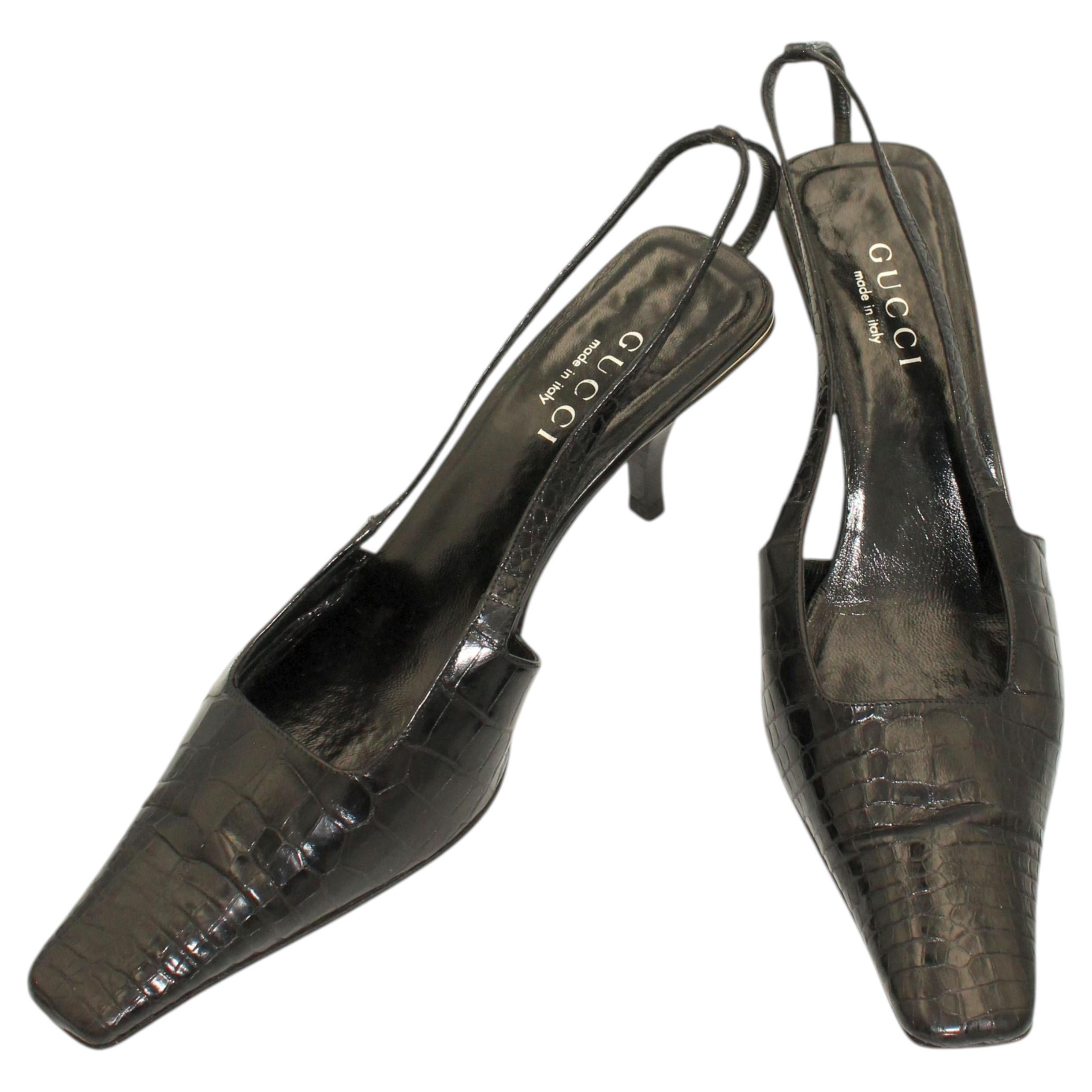 S/S 1998 Gucci x Tom Ford Runway Croc Crystal Logo Heel Square Toe Pumps Mules For Sale