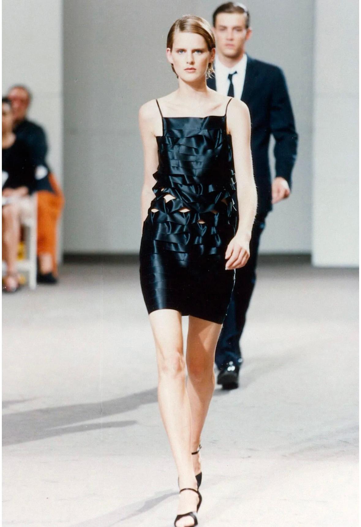 S/S 1998 Helmut Lang Black Silk Cut Out Ribbon Runway Gown  In Excellent Condition For Sale In West Hollywood, CA