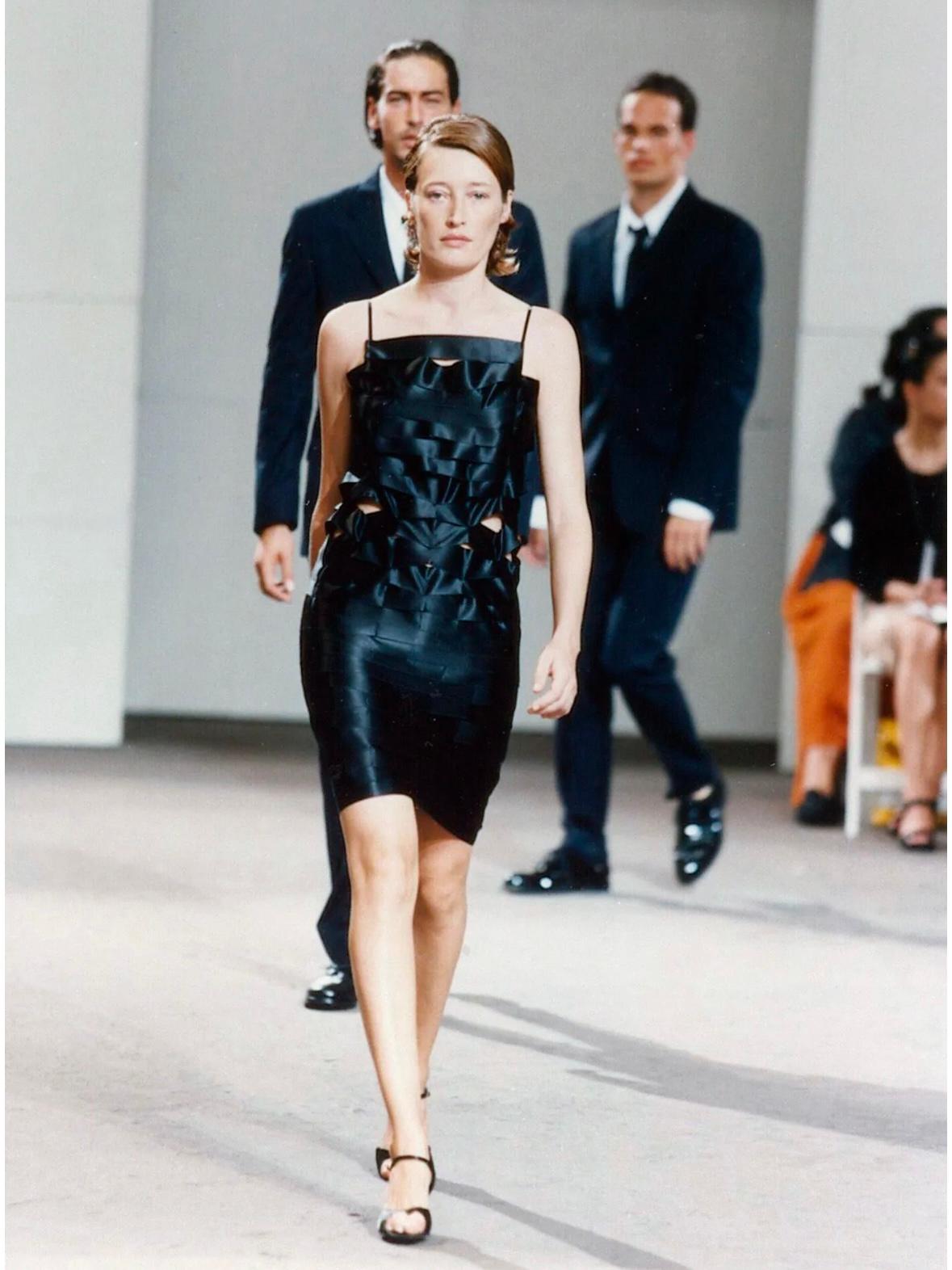 S/S 1998 Helmut Lang Black Silk Cut Out Ribbon Runway Gown  For Sale 2