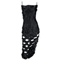 Vintage S/S 1998 Helmut Lang Black Silk Cut Out Ribbon Runway Gown 