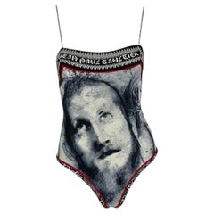 S/S 1998 Jean Paul Gaultier Classique Gothic Logo Grey One-Piece Swimsuit Faces
