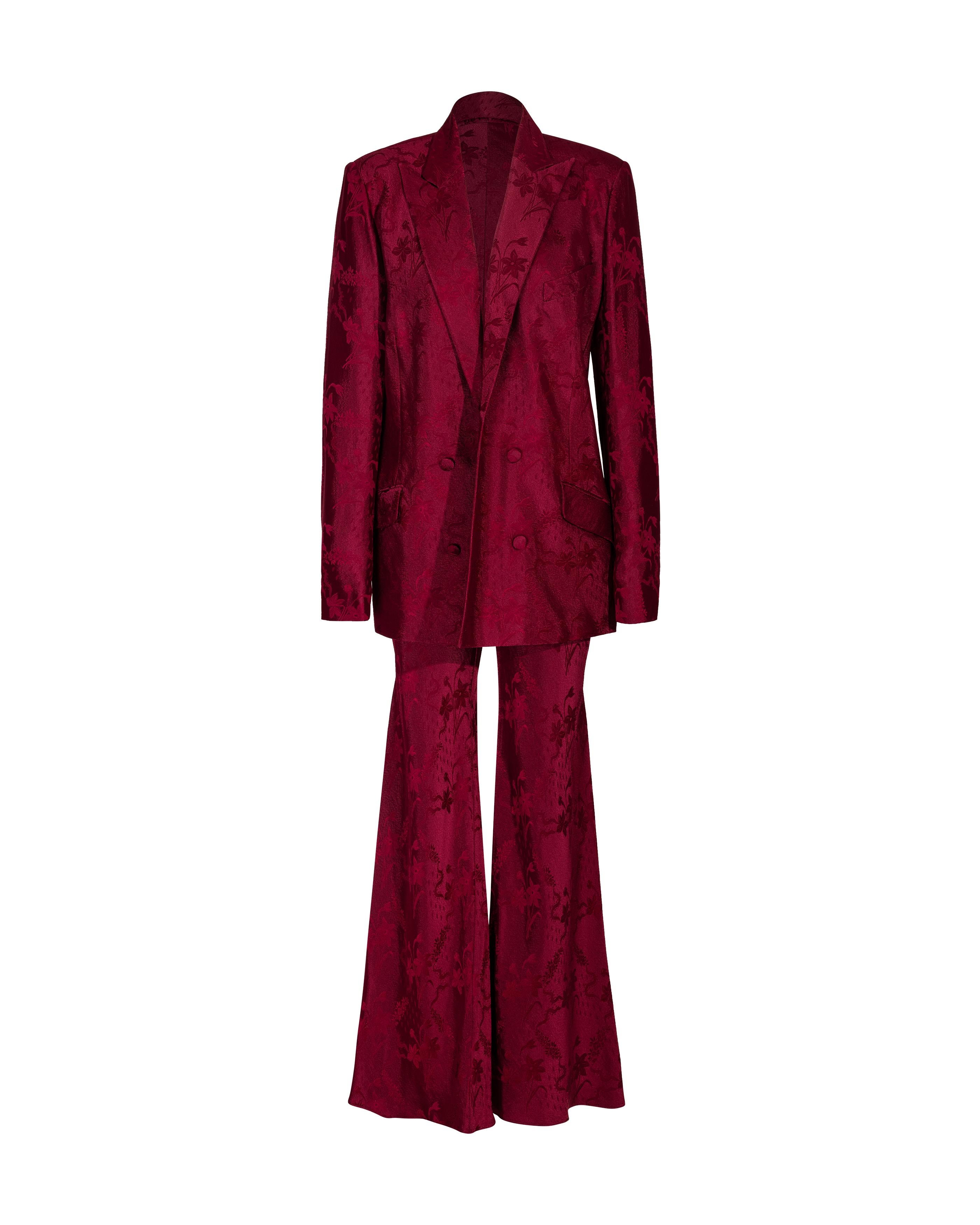 S/S 1998 John Galliano Deep Red Floral Pattern Pant Suit Set 6