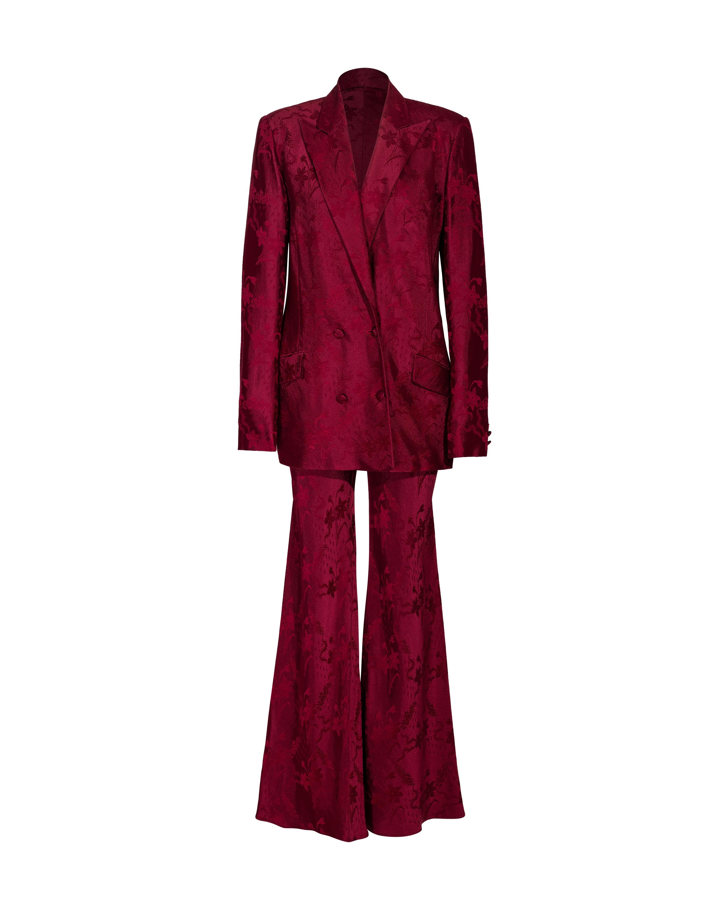 S/S 1998 John Galliano Deep Red Floral Pattern Pant Suit Set 8