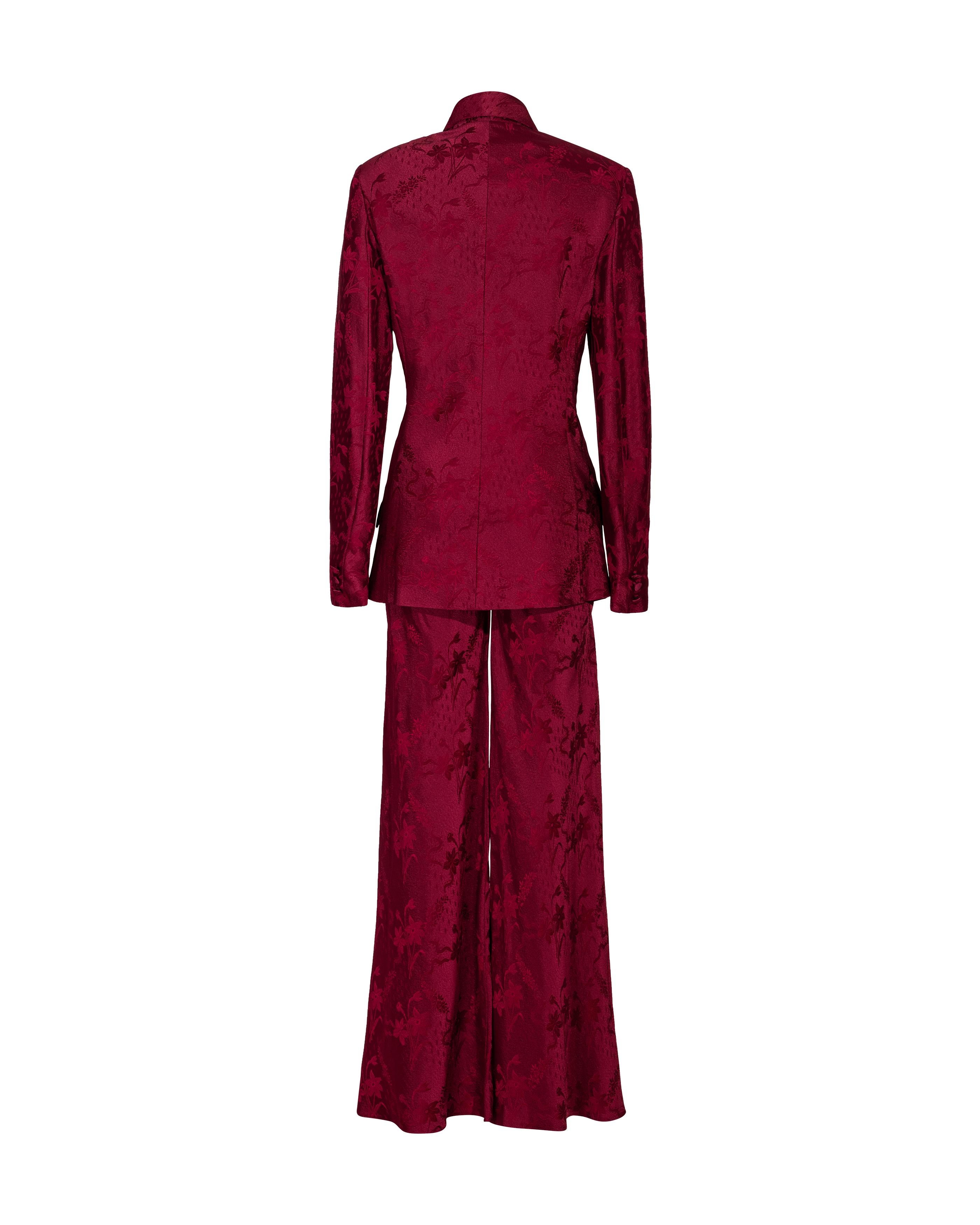 Women's S/S 1998 John Galliano Deep Red Floral Pattern Pant Suit Set