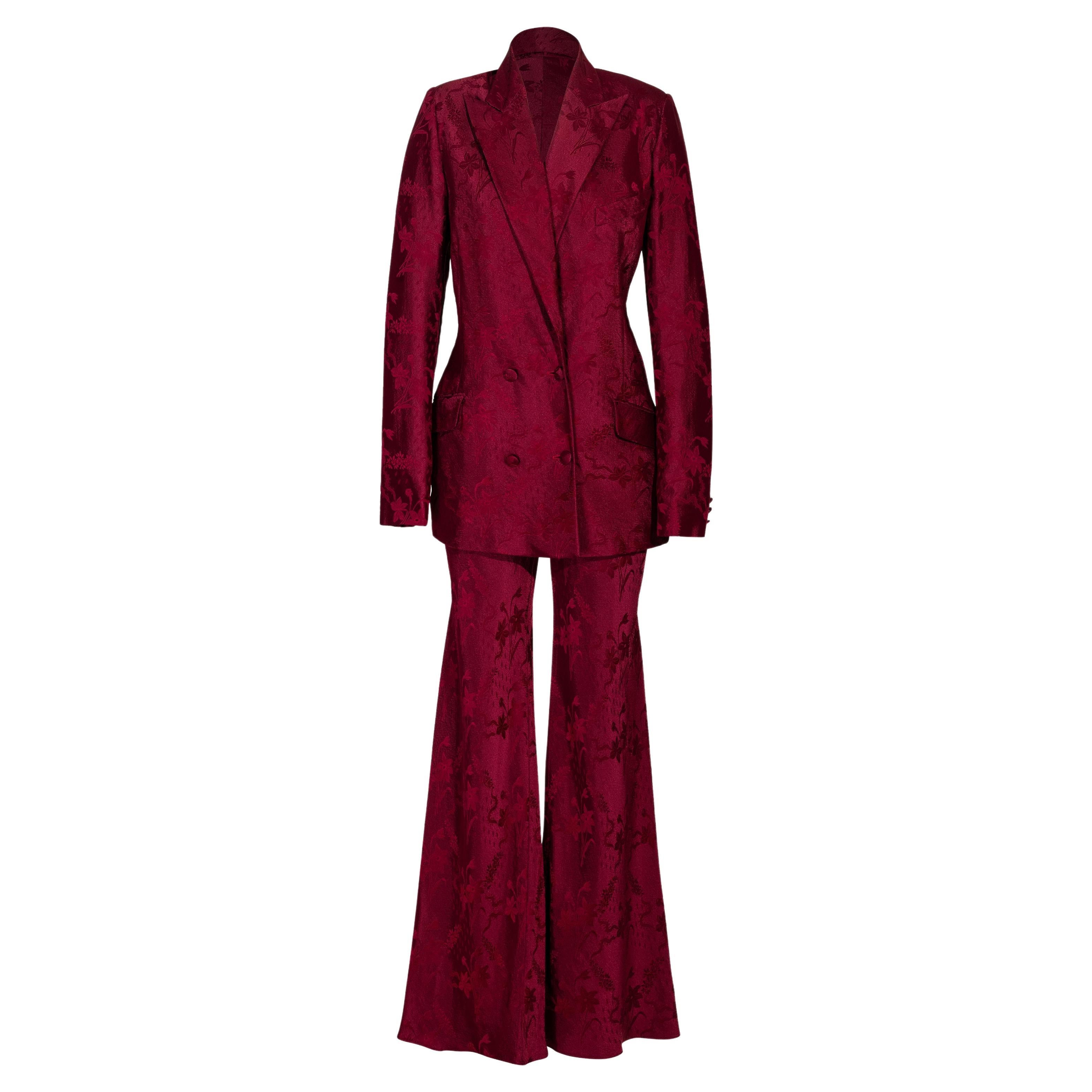 S/S 1998 John Galliano Deep Red Floral Pattern Pant Suit Set