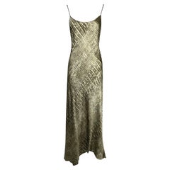 S/S 1998 Roberto Cavalli Green Silk Snakeskin Print Gold Slinky Maxi Slip Dress